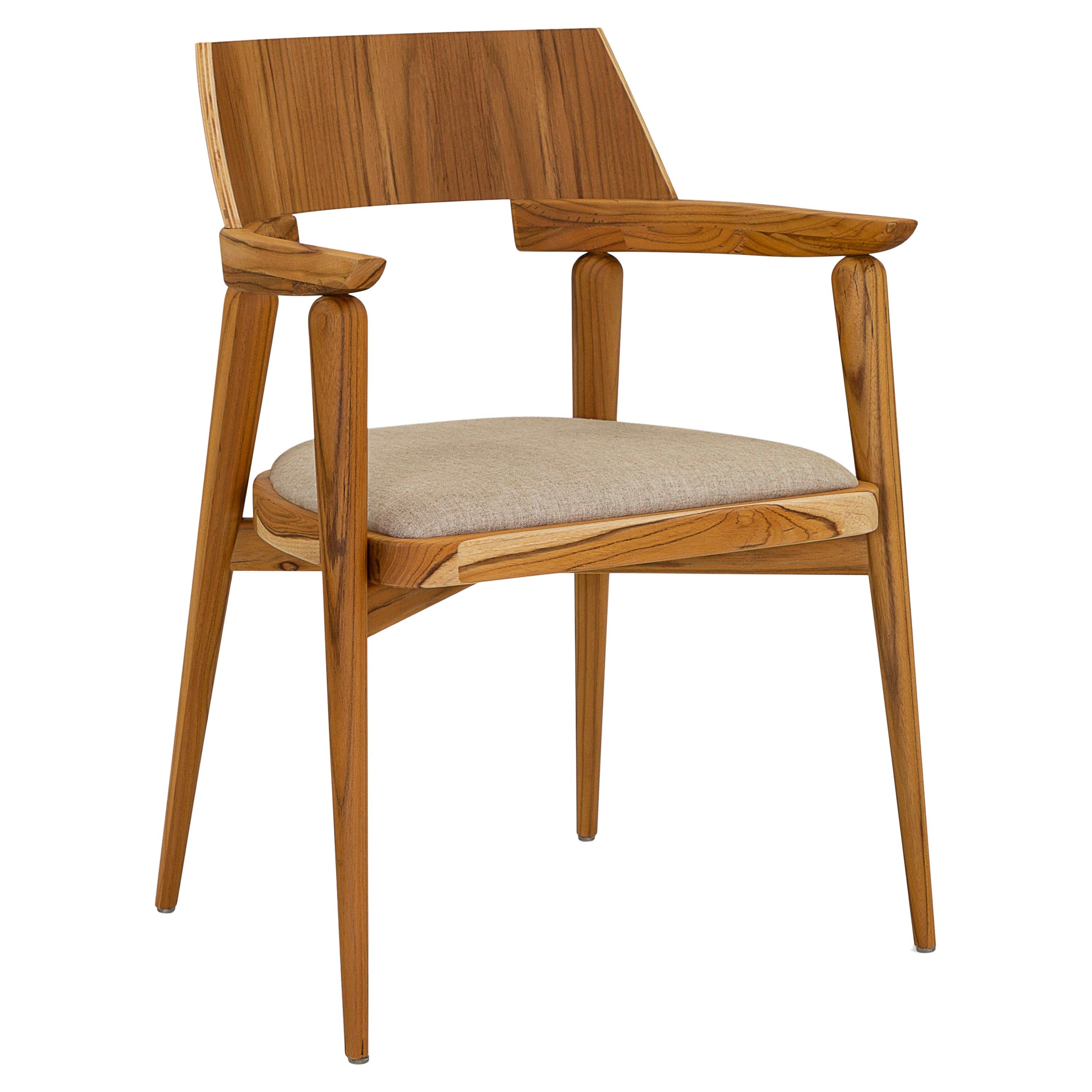 Bone Dining Chair / Desk Chair in Teak Wood Finish and Oatmeal Fabric For Sale