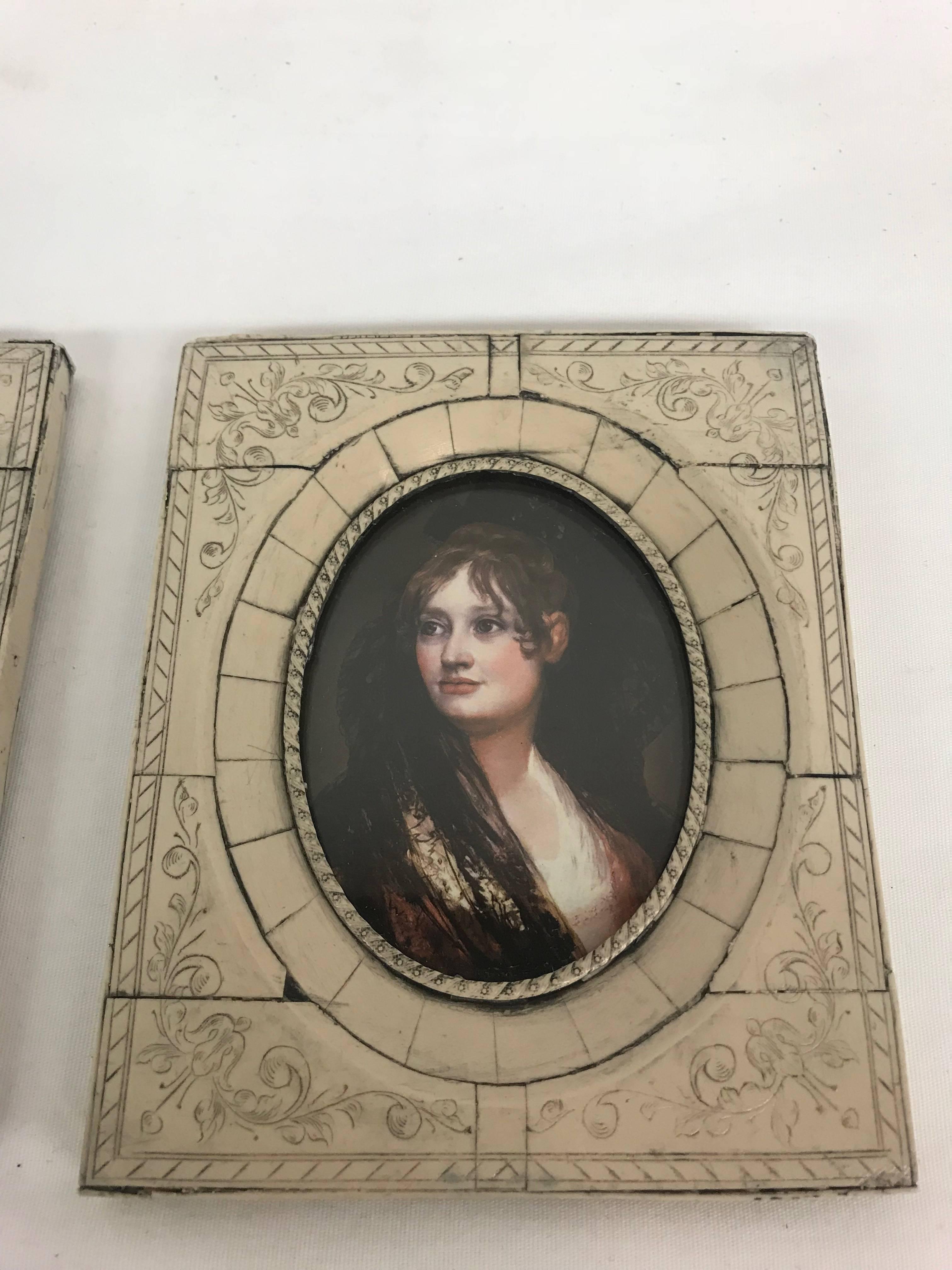 Victorian Bone Framed Miniature Aristocratic Portraits, Set of Four For Sale