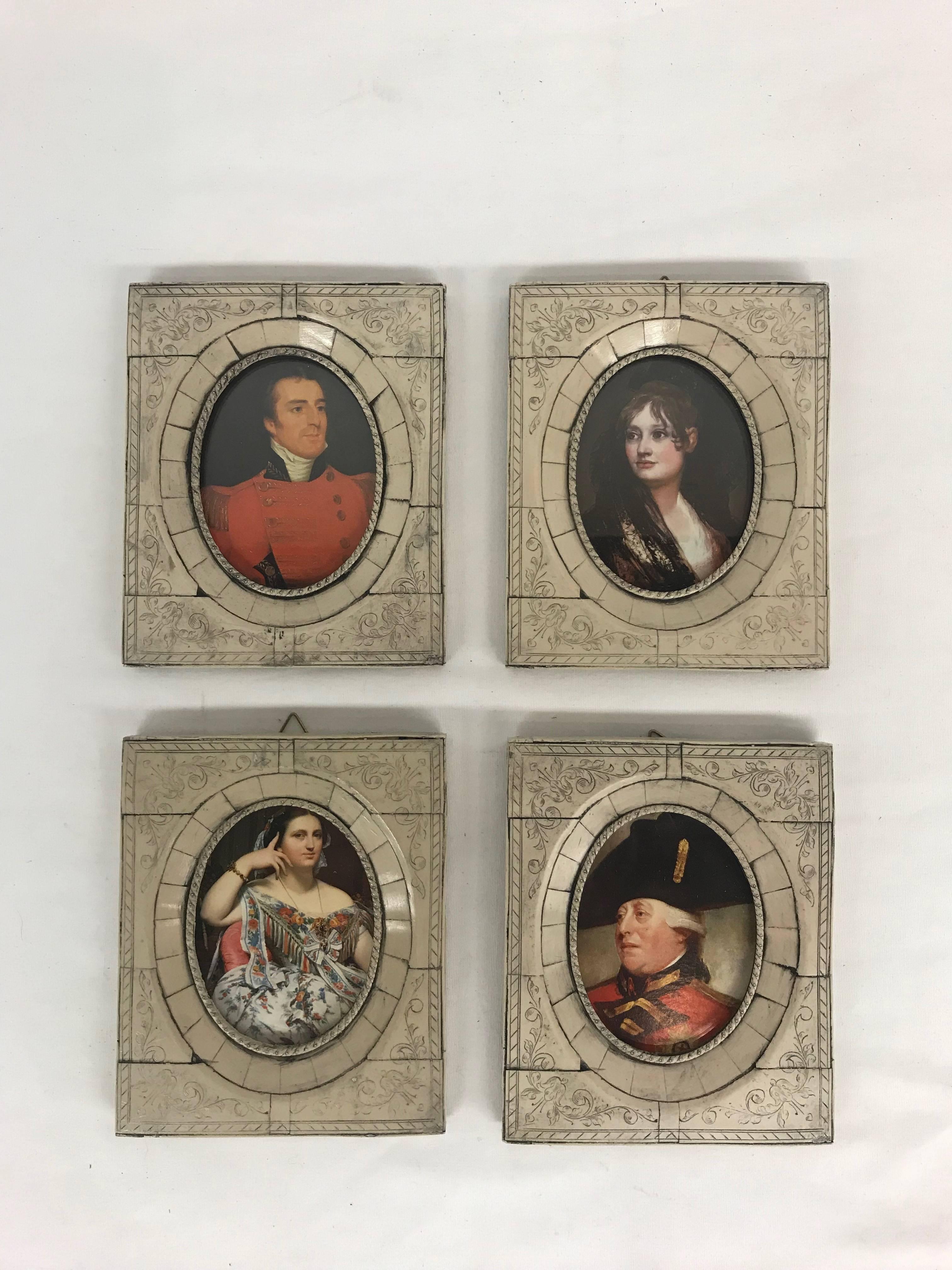 19th Century Bone Framed Miniature Aristocratic Portraits, Set of Four For Sale