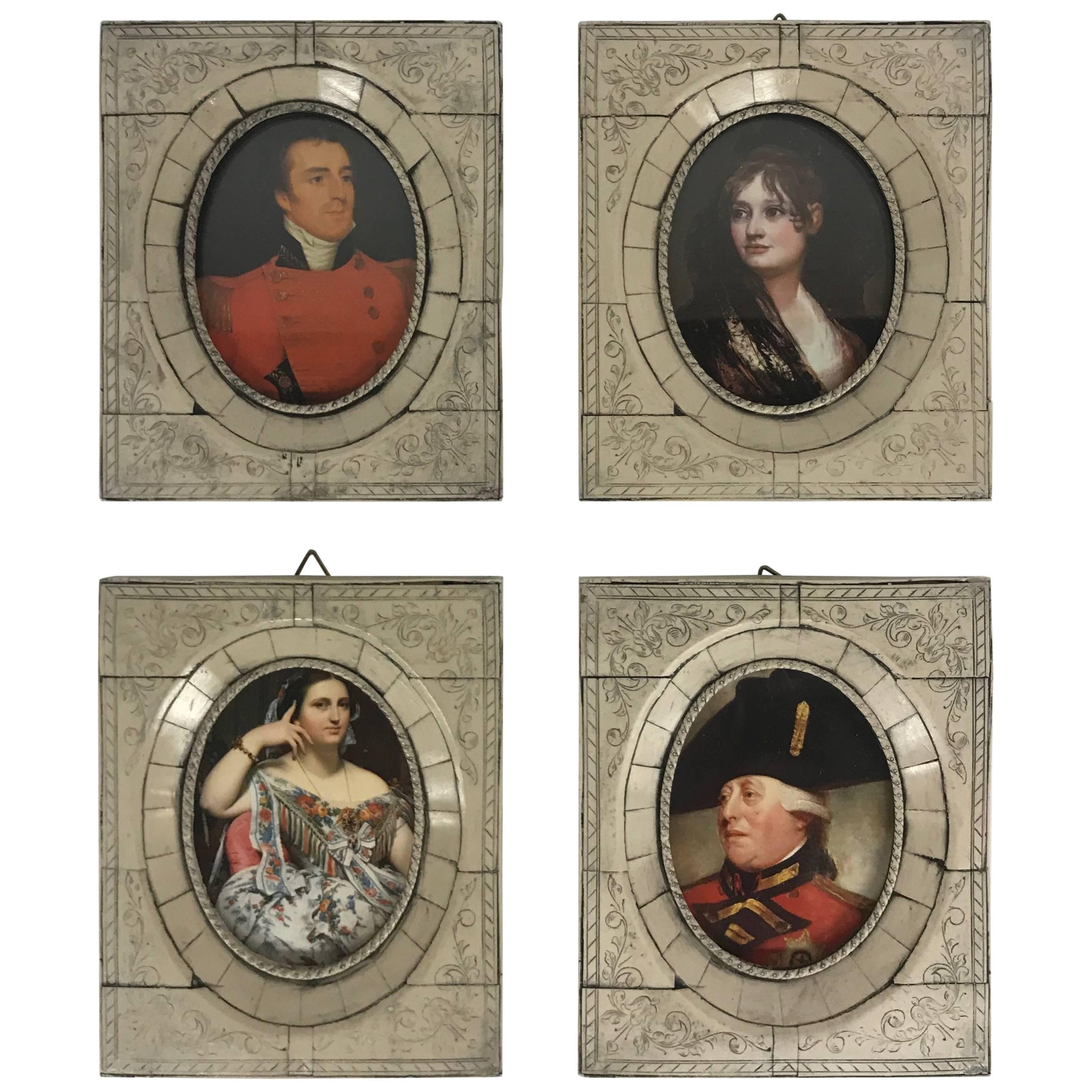 Bone Framed Miniature Aristocratic Portraits, Set of Four For Sale