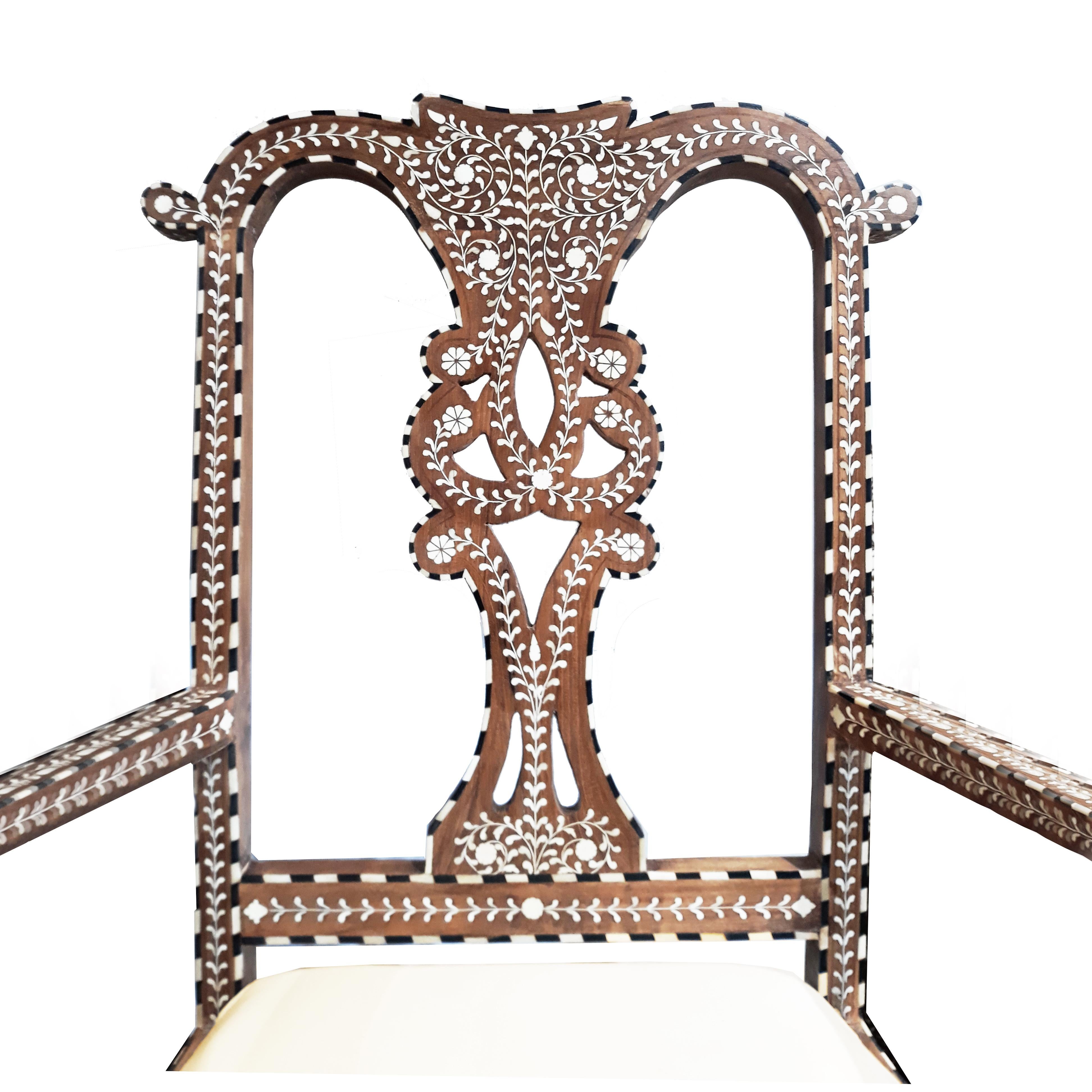 Hand-Crafted Bone-Inlaid Armchair from India