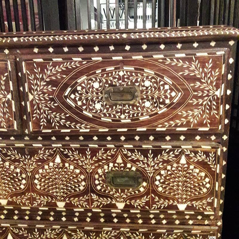 Anglo-Indian Bone-Inlaid Drawer Chest with Marble Top from India, 20th Century
