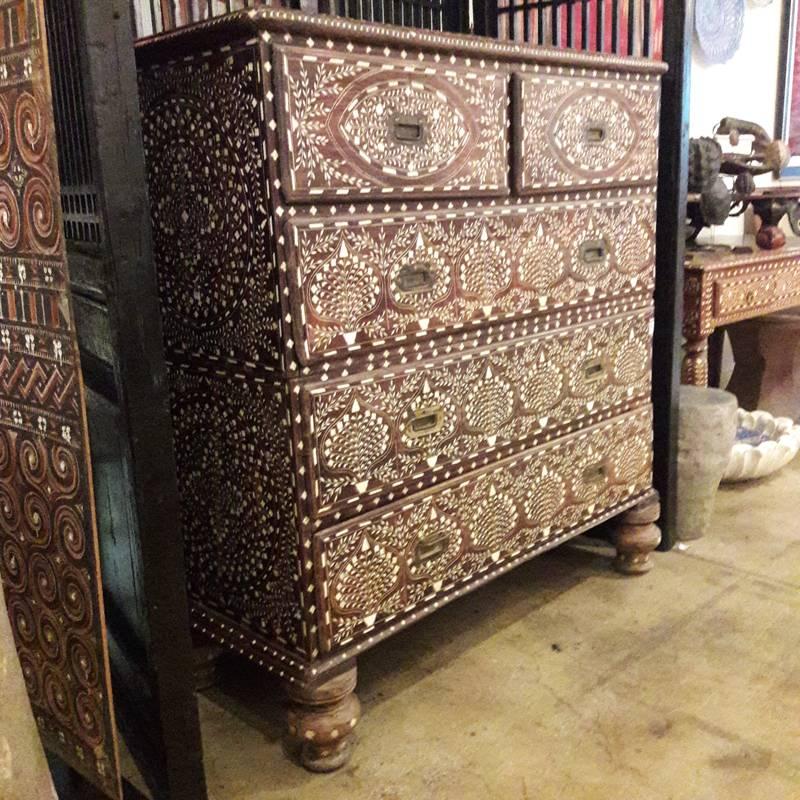 Bone-Inlaid Drawer Chest with Marble Top from India, 20th Century 1