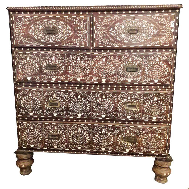 Bone-Inlaid Drawer Chest with Marble Top from India, 20th Century