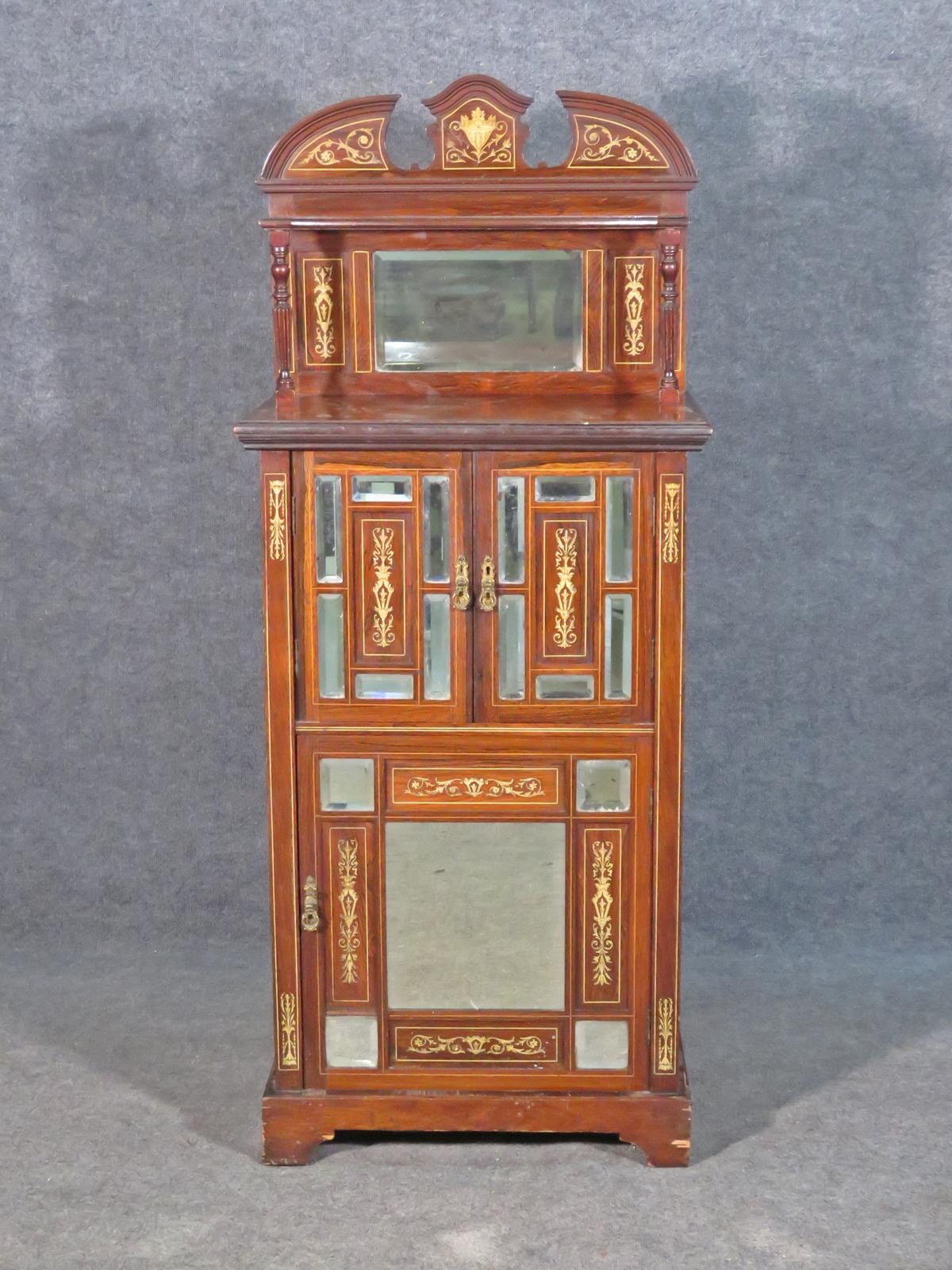 English Bone Inlaid Edwardian Rosewood Mirrored Music Cabinet Circa 1910 For Sale