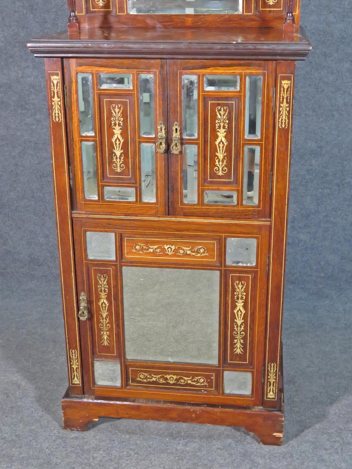 Bone Inlaid Edwardian Rosewood Mirrored Music Cabinet Circa 1910 In Good Condition For Sale In Swedesboro, NJ