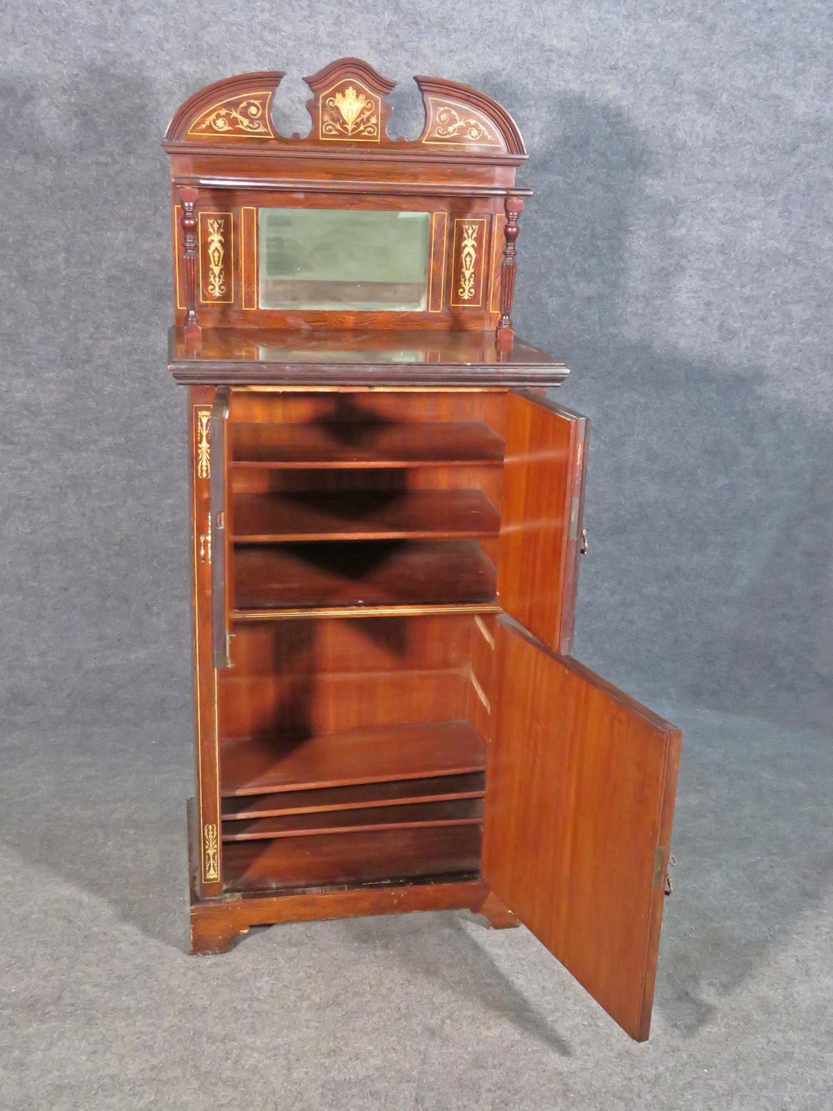 Inglese Mobile da musica intarsiato in osso in palissandro edoardiano con specchio, circa 1910 in vendita