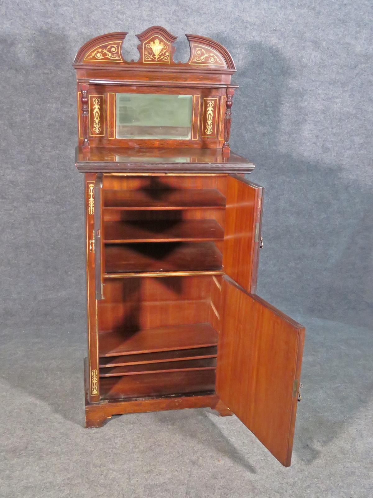 Early 20th Century Bone Inlaid Edwardian Rosewood Mirrored Music Cabinet Circa 1910 For Sale