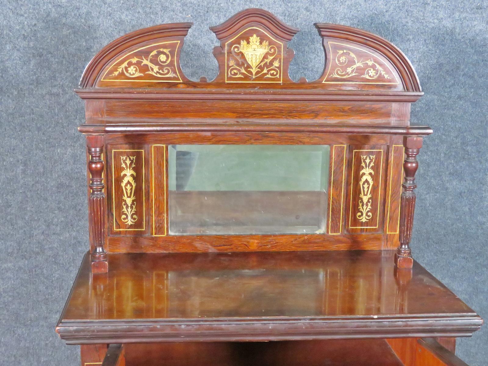 Ivory Bone Inlaid Edwardian Rosewood Mirrored Music Cabinet Circa 1910 For Sale