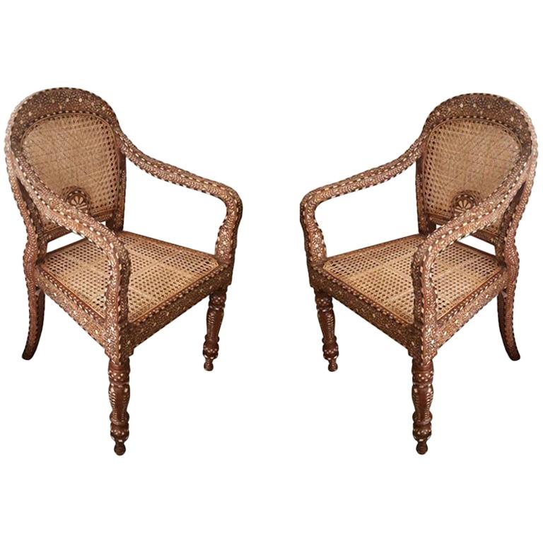 BoneInlaid Teak Armchair from India, Late 20th Century at 1stDibs