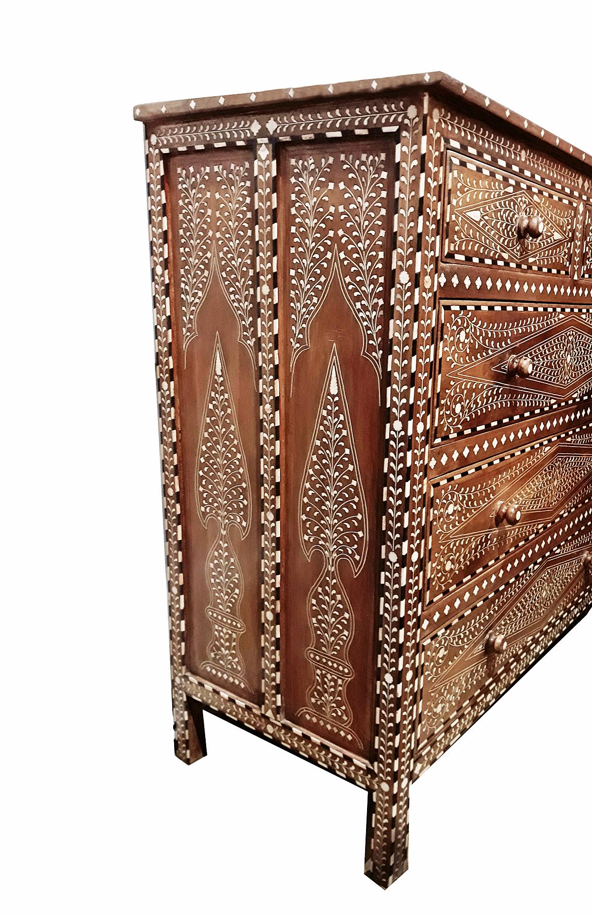 Bone-Inlaid Teak Chest of Drawers from India  6