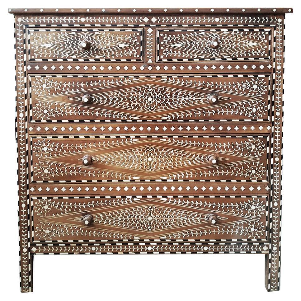 Bone-Inlaid Teak Chest of Drawers from India 