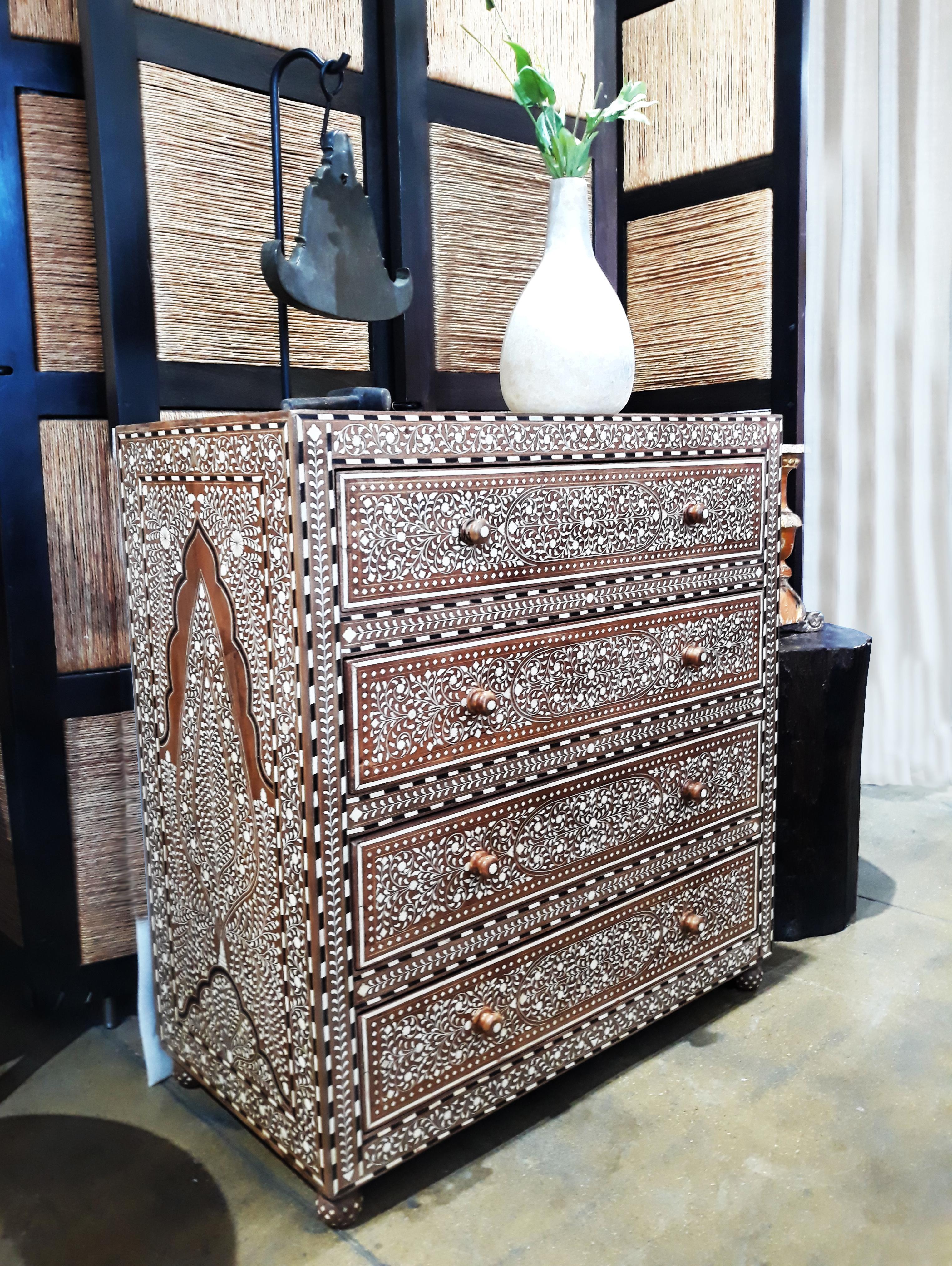 Bone-Inlaid Teak Chest of Drawers from India 10