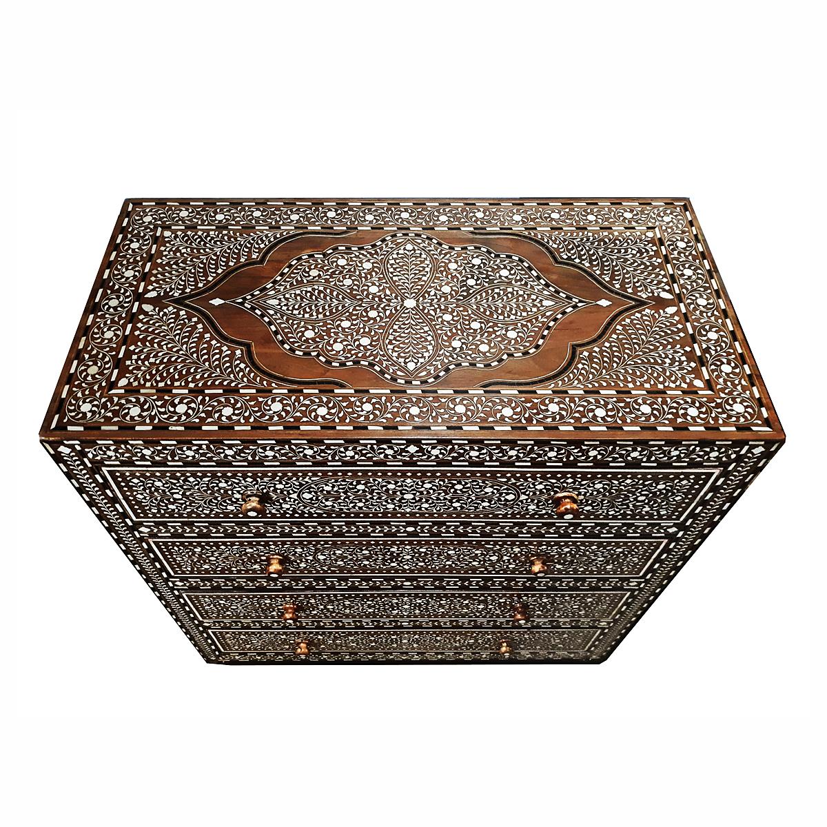 Contemporary Bone-Inlaid Teak Chest of Drawers from India