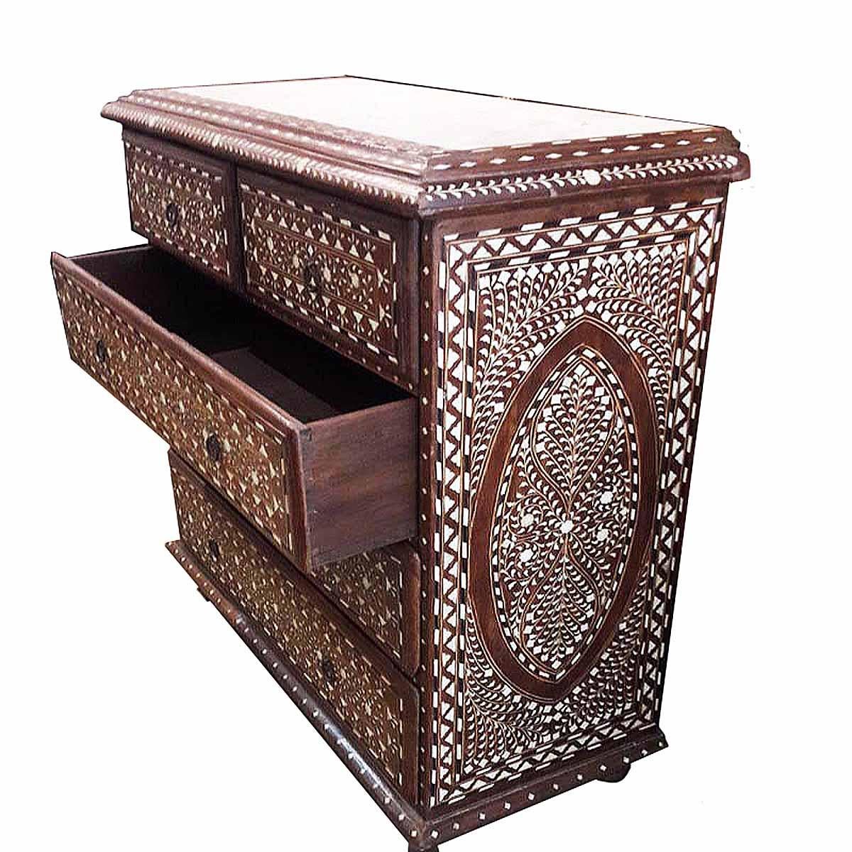 Anglo-Indian Bone-Inlaid Teak Chest of Drawers with Marble Top from India
