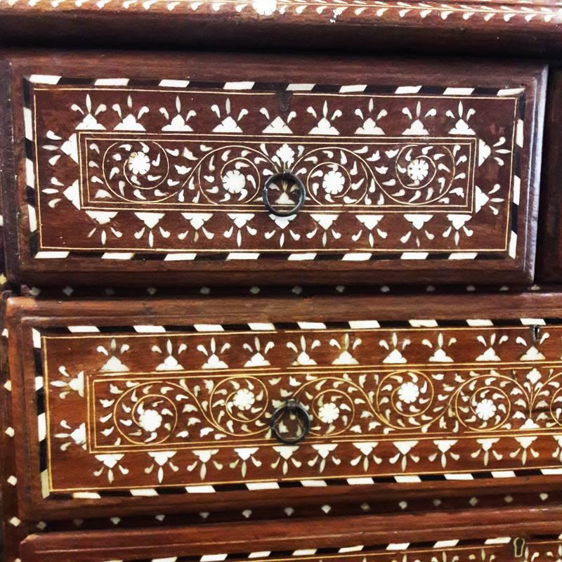 Indian Bone-Inlaid Teak Chest of Drawers with Marble Top from India