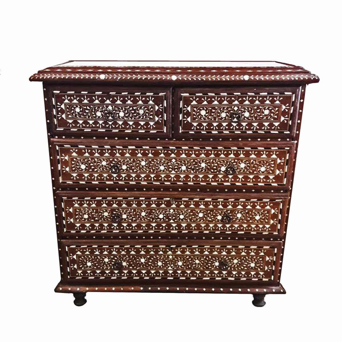 Inlay Bone-Inlaid Teak Chest of Drawers with Marble Top from India