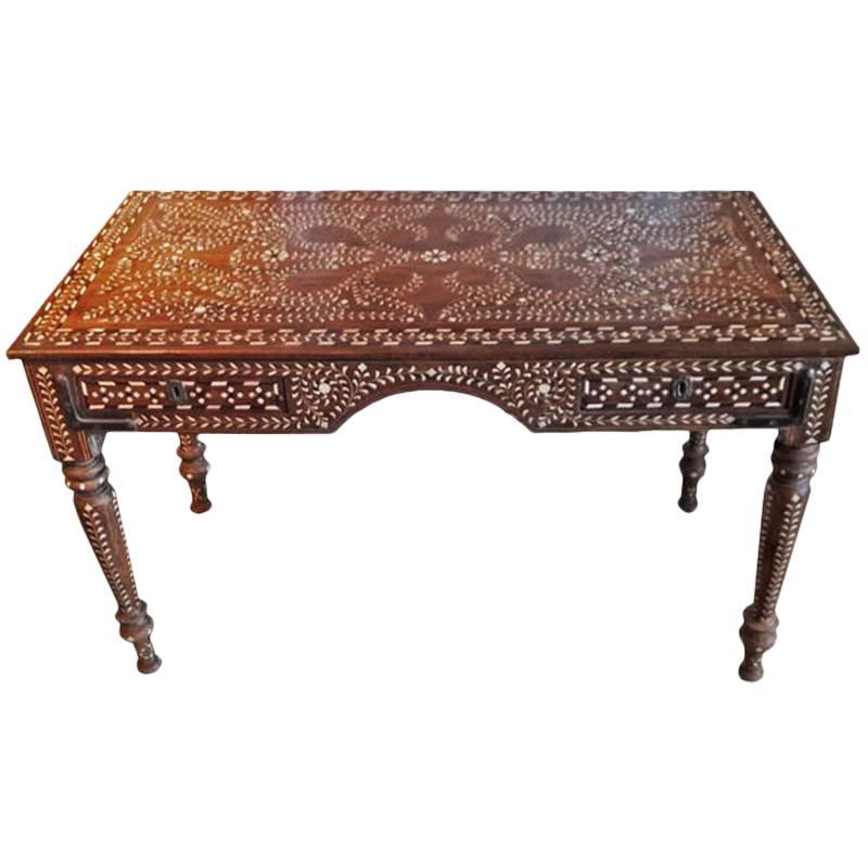 Bone-Inlaid Teak Desk from India, 20th Century