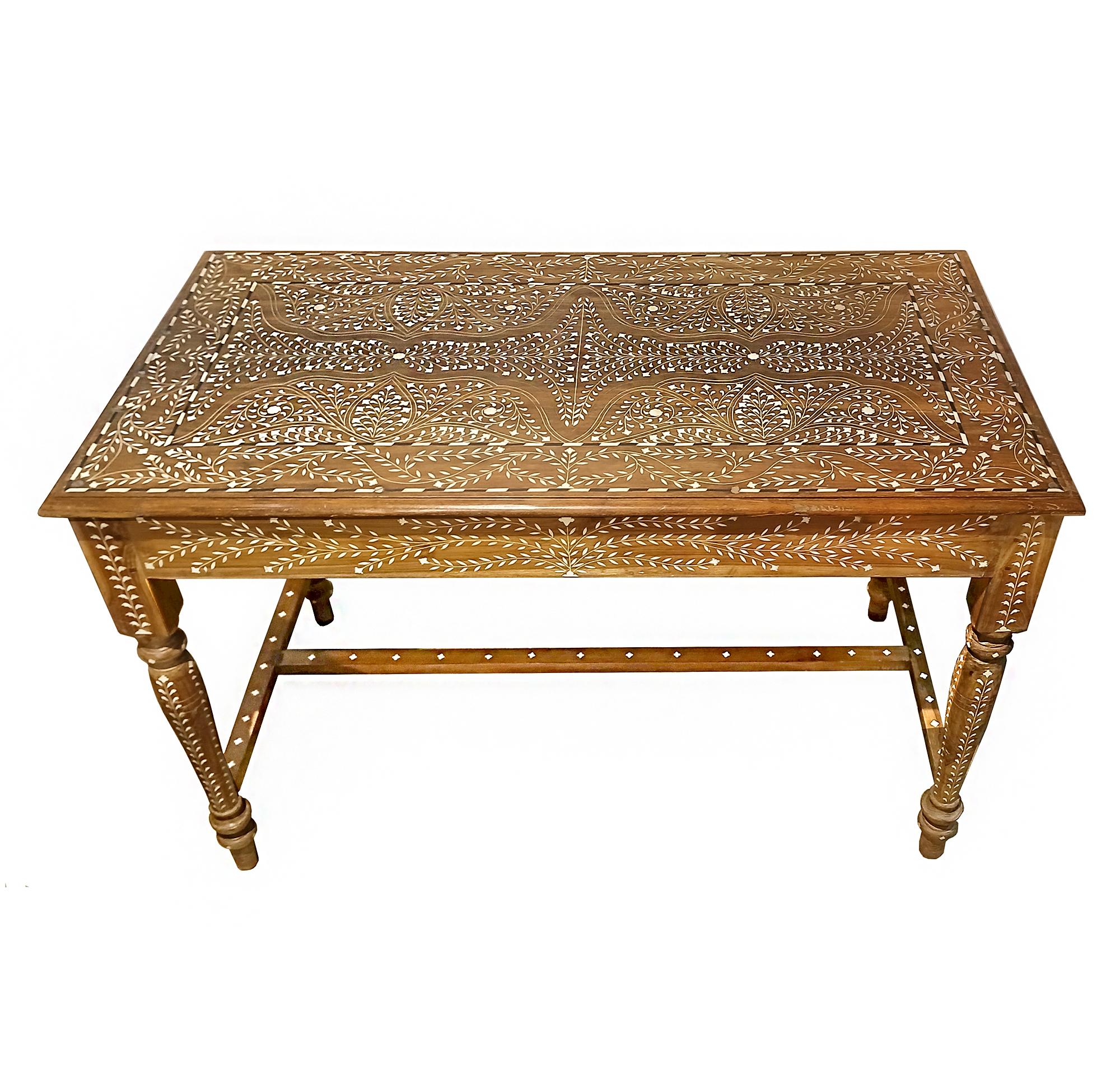 Hand-Crafted Inlaid Teak Writing Desk from India For Sale