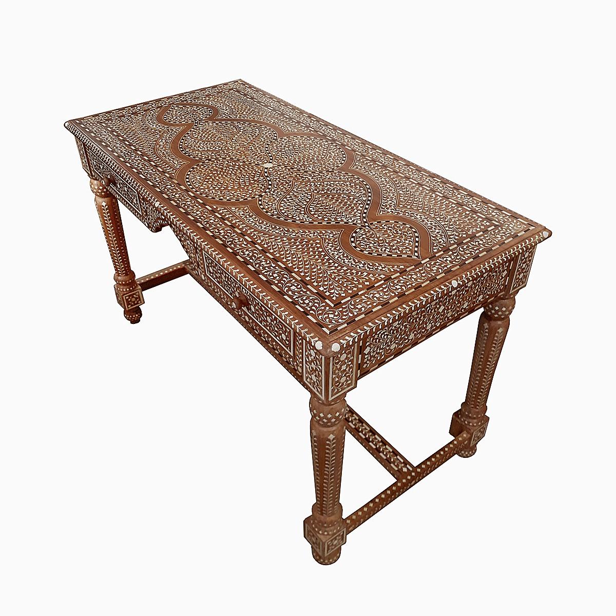 Hand-Crafted Bone-Inlaid Teak Writing Desk from India
