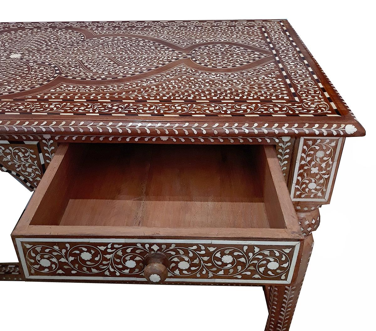 Contemporary Bone-Inlaid Teak Writing Desk from India