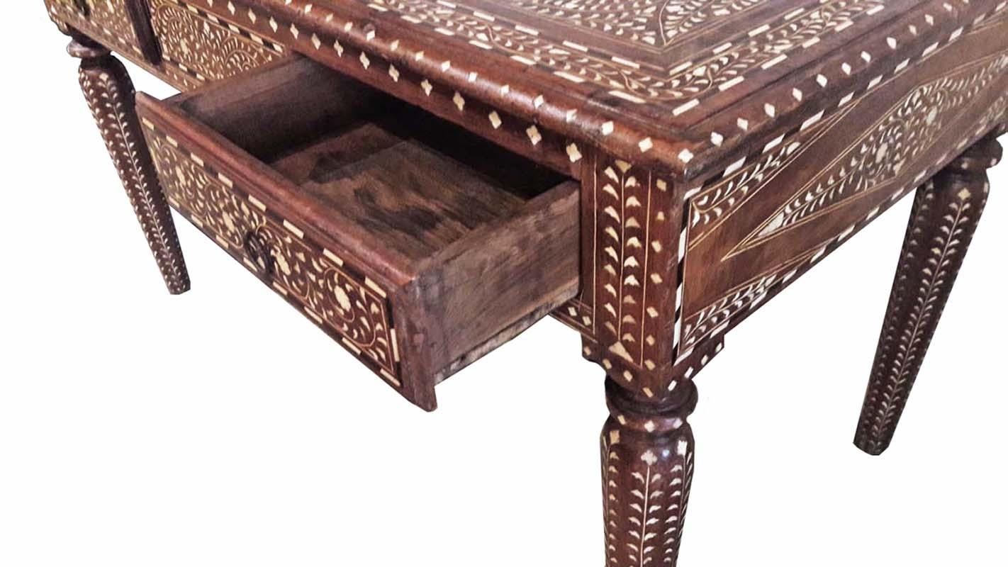 Late 20th Century Bone-Inlaid Two-Drawer Teak Desk from India, 20th Century