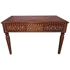 Bone-Inlaid Two-Drawer Teak Desk from India, 20th Century