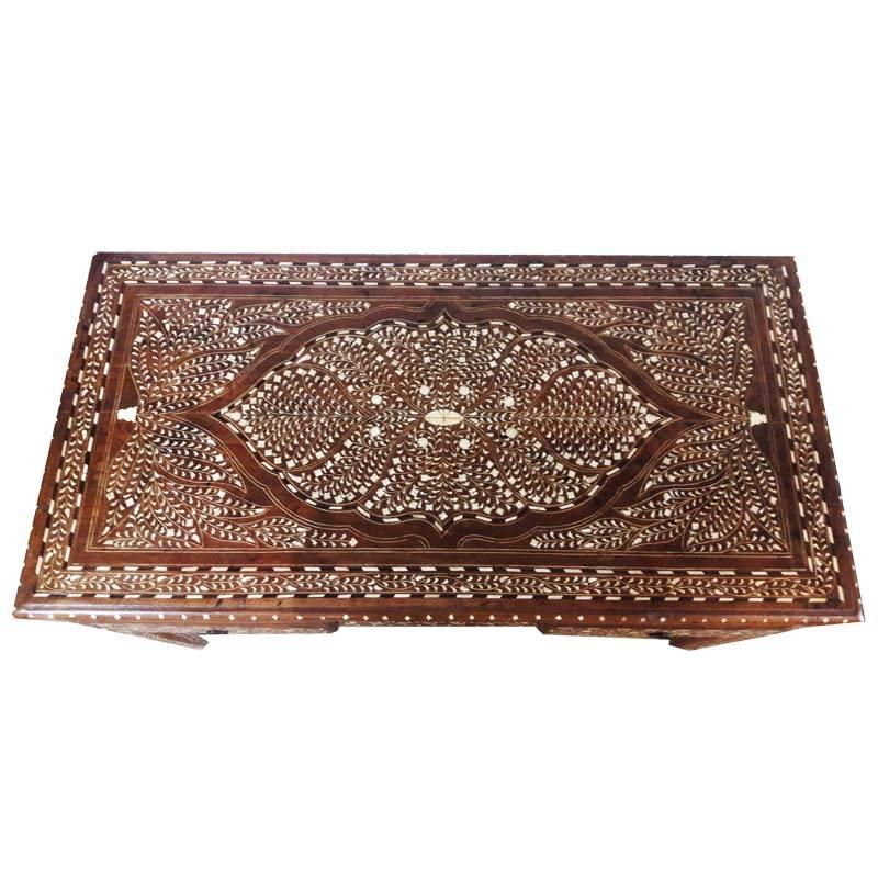 Two-drawer desk from India. Bone inlays throughout in Classic pattern. Anglo-Indian style. Bronze ring pulls.