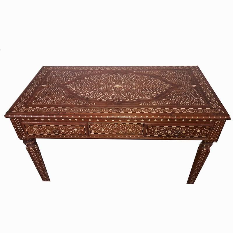 Anglo-Indian Bone-Inlaid Two-Drawer Teak Desk from India, 20th Century