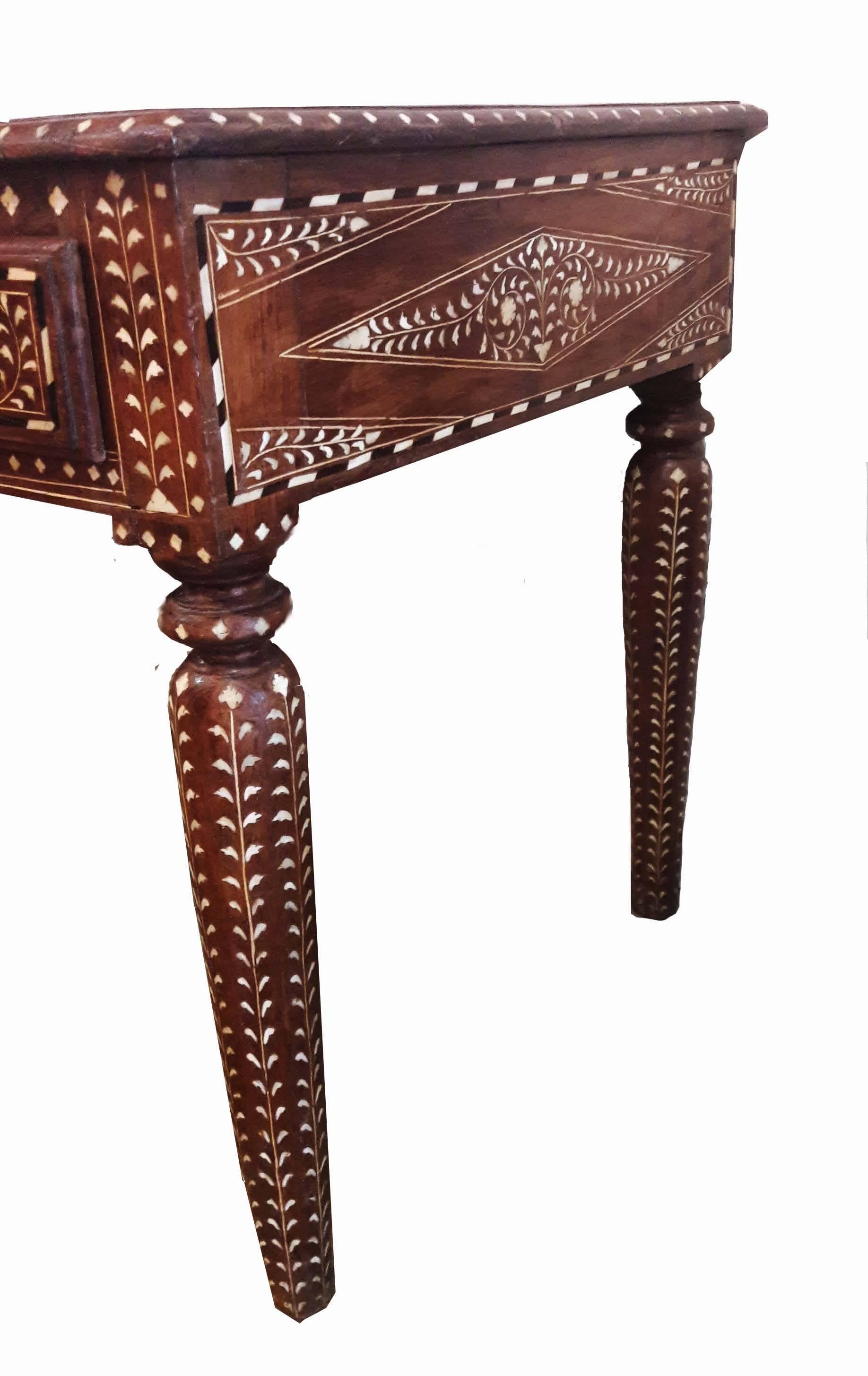 Bone-Inlaid Two-Drawer Teak Desk from India, 20th Century In Good Condition In New York, NY