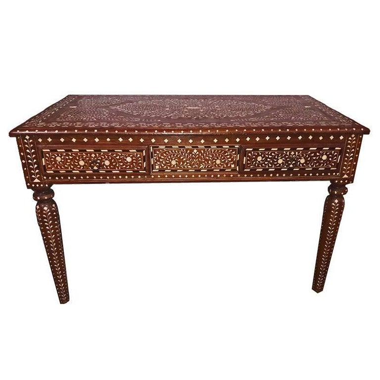 Bone Inlaid Two Drawer Teak Desk From India 20th Century For Bone Inlaid Two Drawer Teak Desk From India 20th Century For