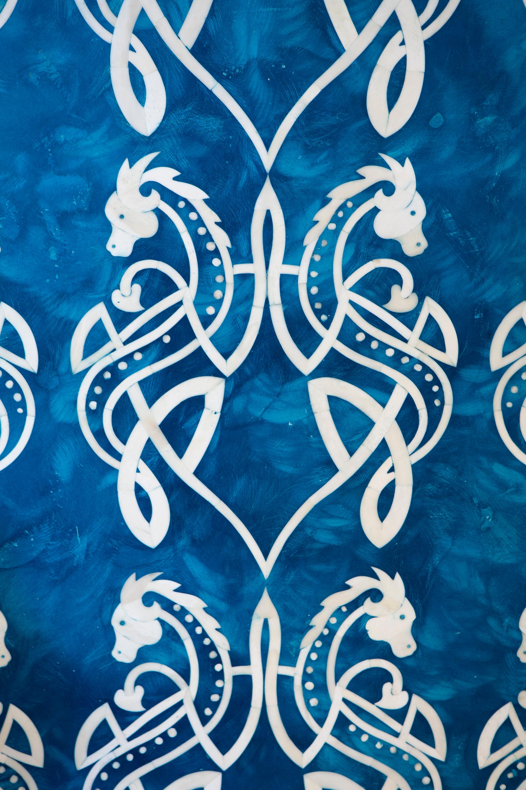 Unknown Bone Inlaid Wall Art in Blue Resin with Celtic Dragon Pattern- Instock For Sale