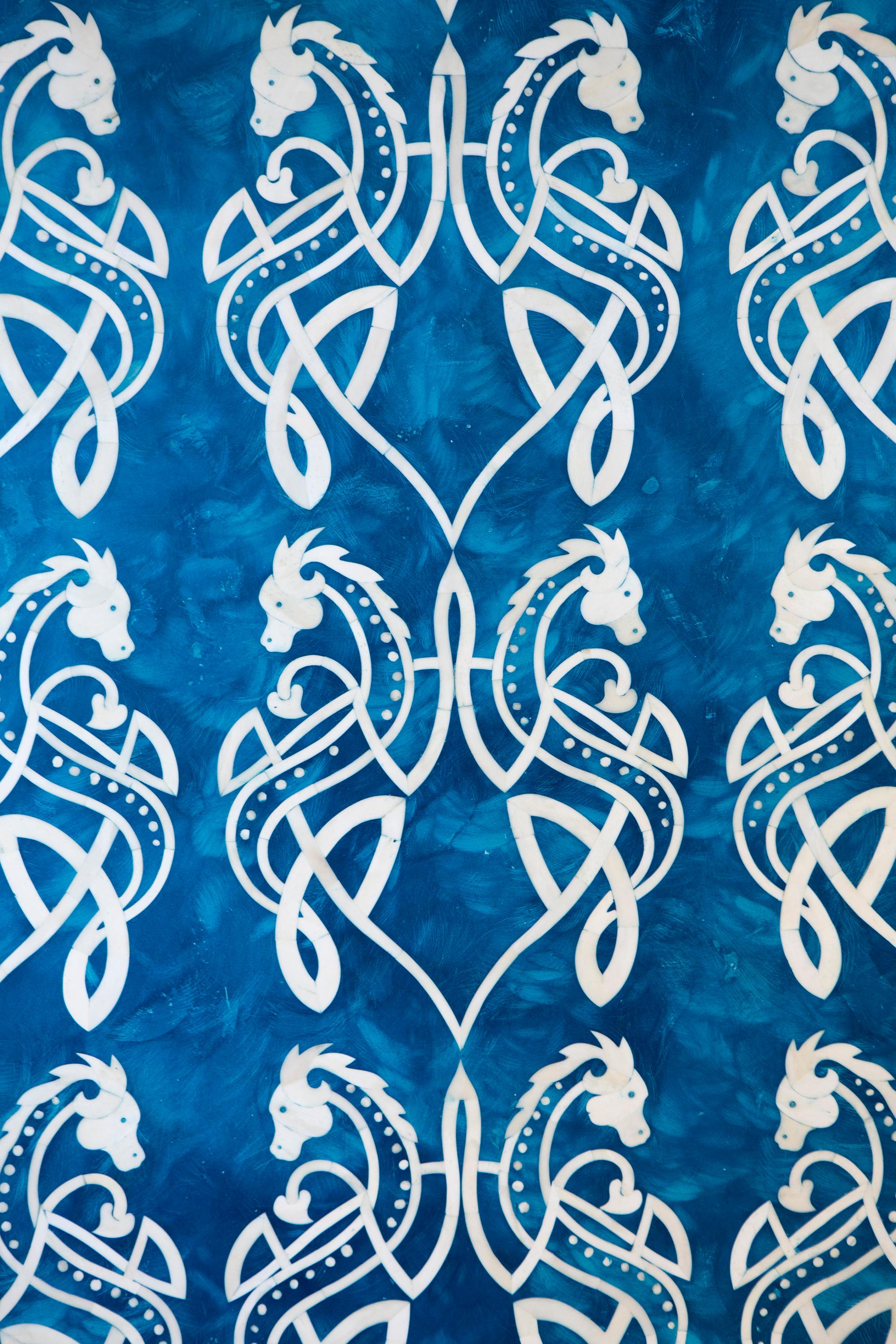 Bone Inlaid Wall Art in Blue Resin with Celtic Dragon Pattern- Instock In Excellent Condition For Sale In New York City, NY