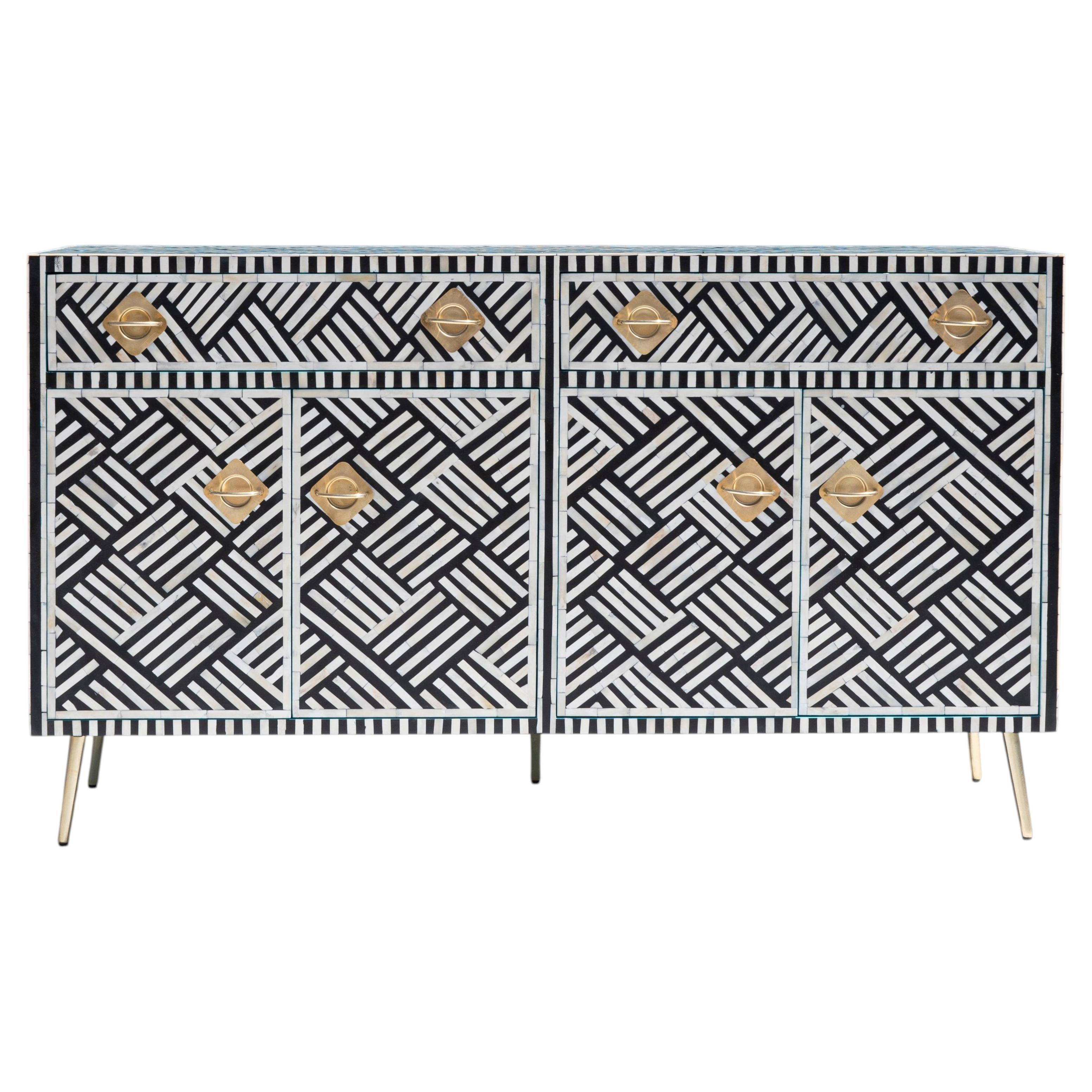 Bone Inlay Buffet Cabinet with Gold Legs & Brass Knobs by House of Jaipur For Sale
