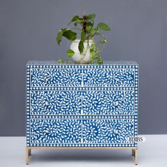 Bone Inlay Three-Drawer Dresser with Gold Legs & Brass Knobs by House of Jaipur