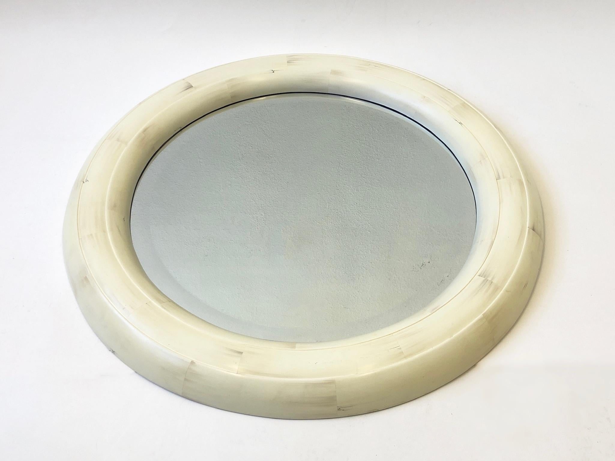 Modern Bone Lacquered Round Beveled Mirror in the Style of Karl Springer For Sale