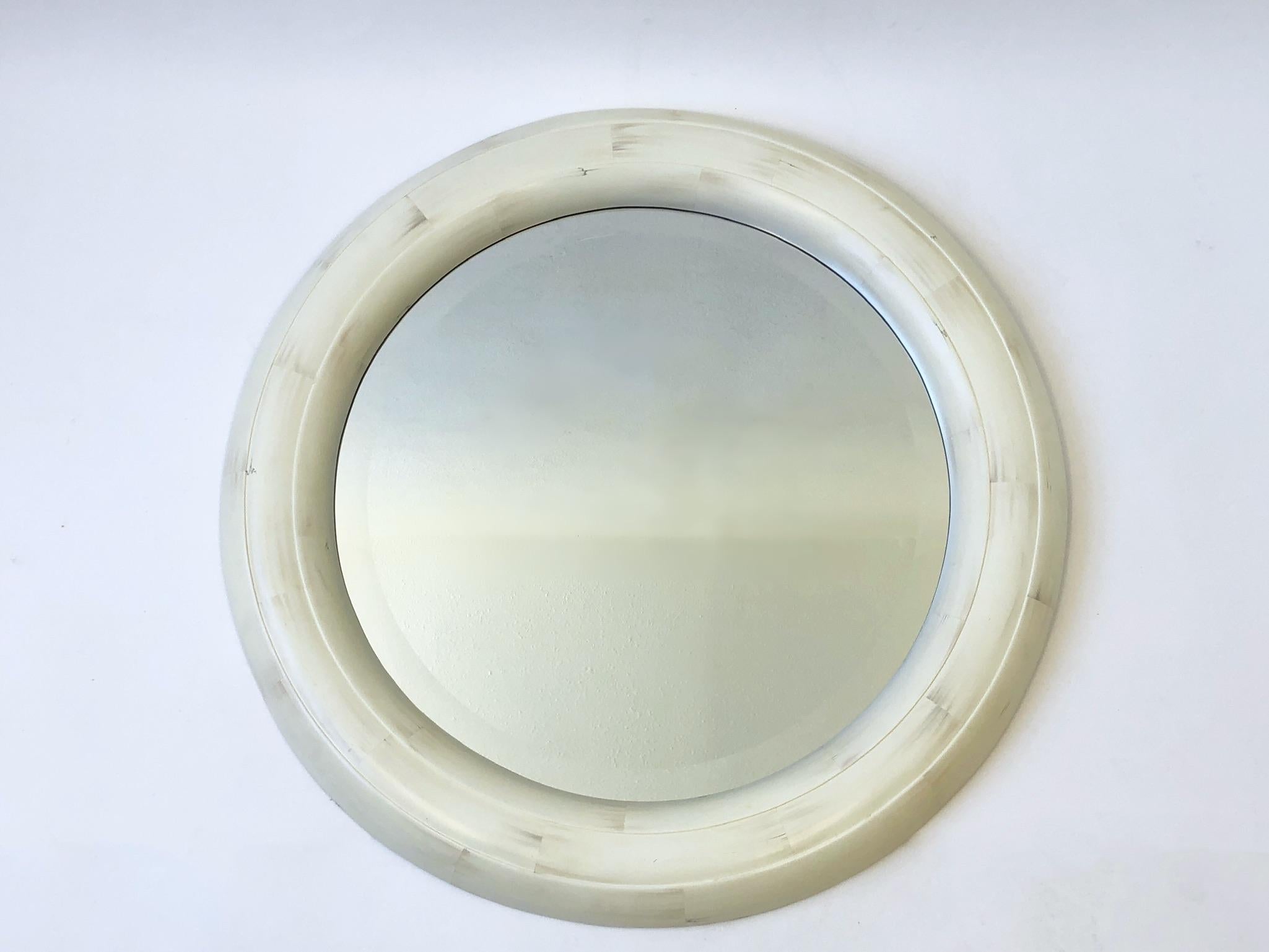 Late 20th Century Bone Lacquered Round Beveled Mirror in the Style of Karl Springer For Sale