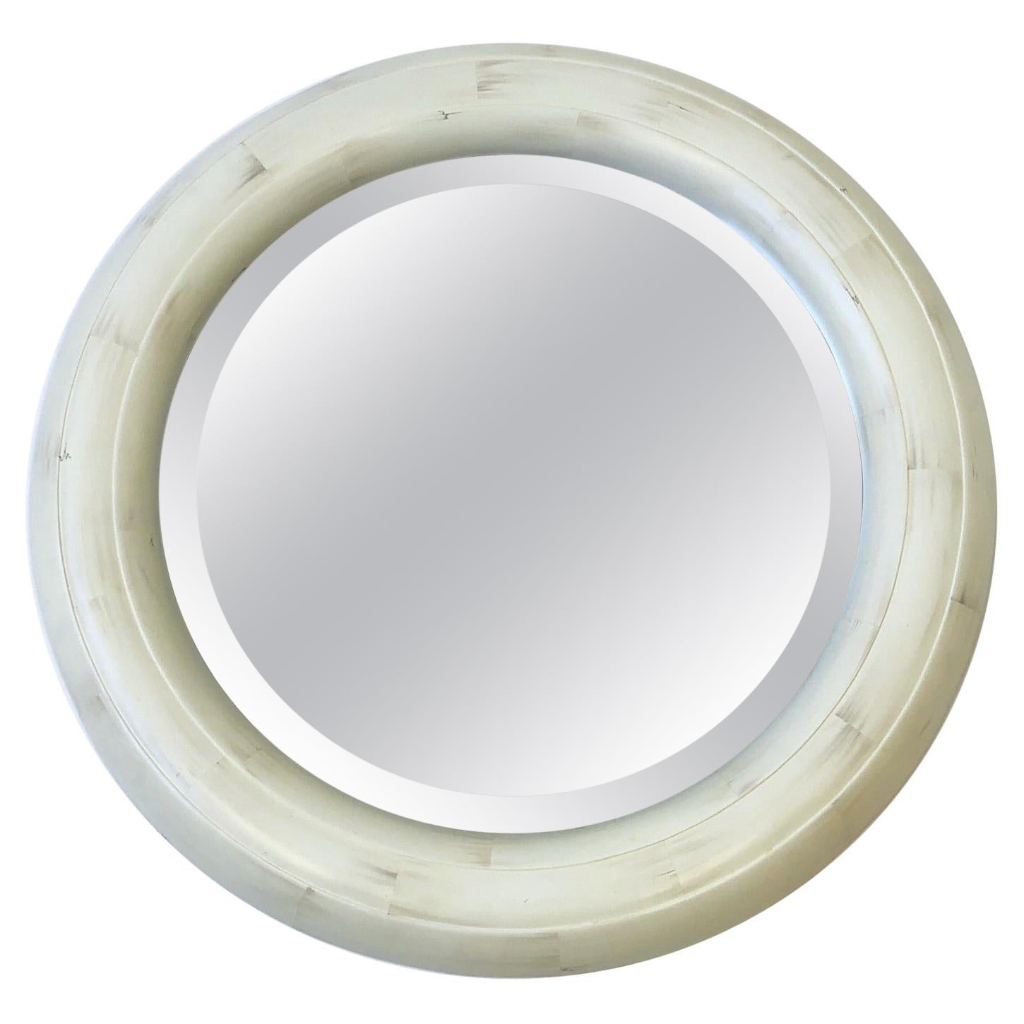 Bone Lacquered Round Beveled Mirror in the Style of Karl Springer For Sale