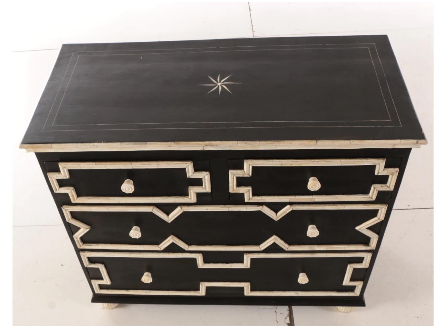 Veneer Glamorous Bone Trim Wood Chest Dresser Cabinet- Deco Dorothy Draper Style For Sale