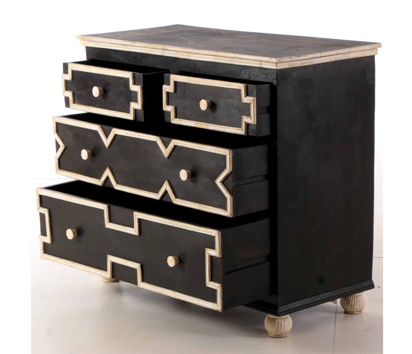 20th Century Glamorous Bone Trim Wood Chest Dresser Cabinet- Deco Dorothy Draper Style For Sale