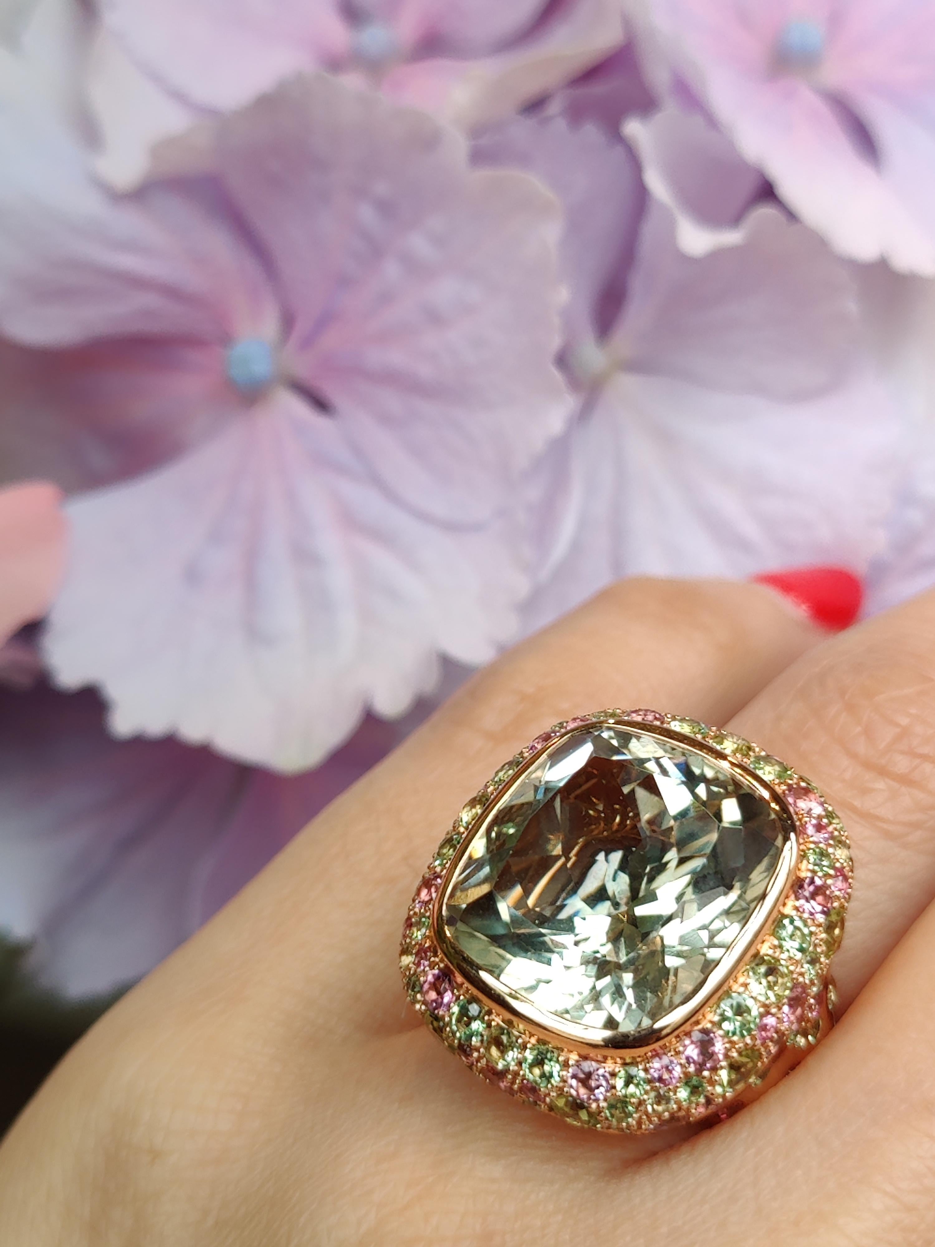 Cushion Cut Bonebakker 18 karat pink gold ring with green amethyst, diamonds, pink sapphire For Sale