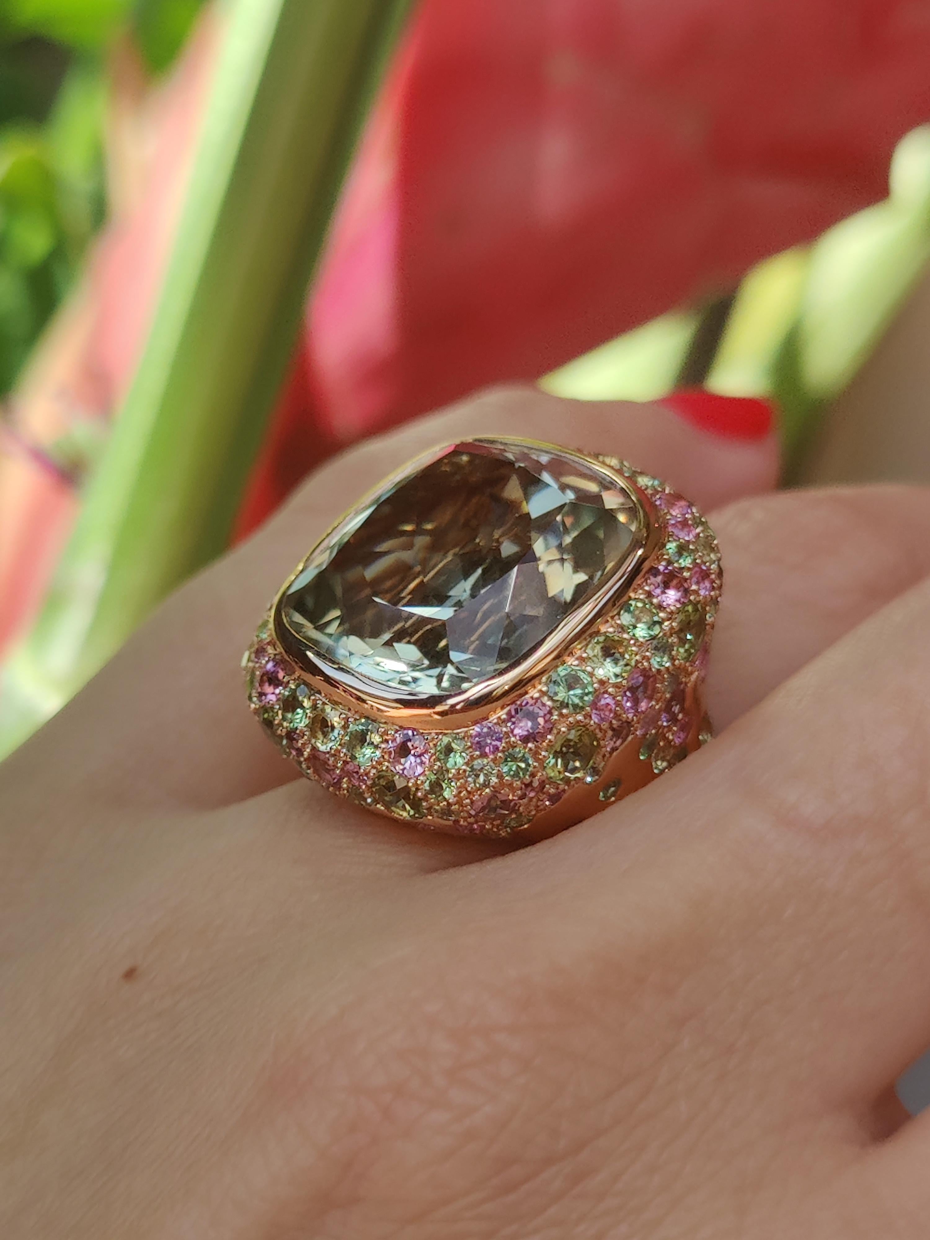 Bonebakker 18 karat pink gold ring with green amethyst, diamonds, pink sapphire In New Condition For Sale In Amsterdam, NL