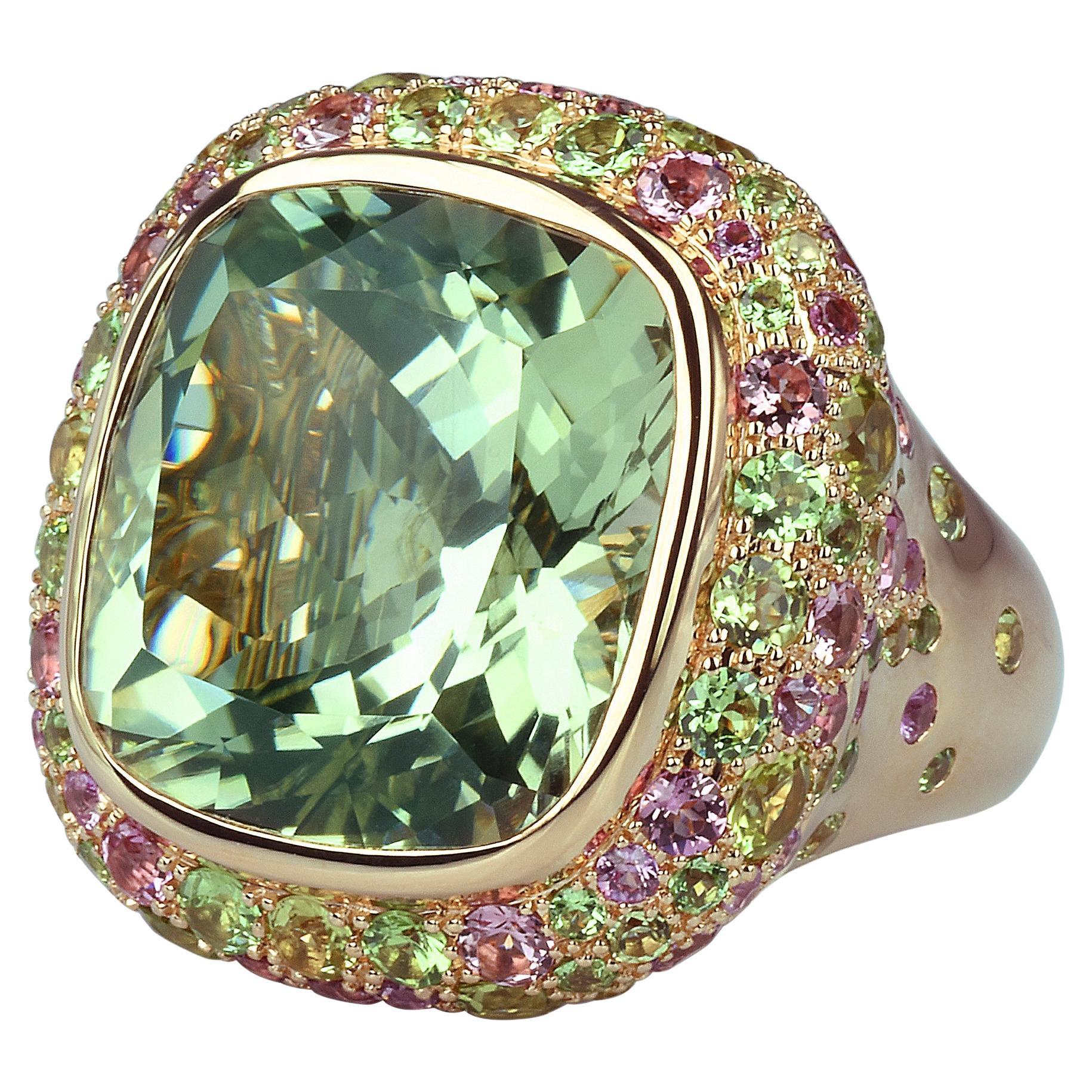 Bonebakker 18 karat pink gold ring with green amethyst, diamonds, pink sapphire