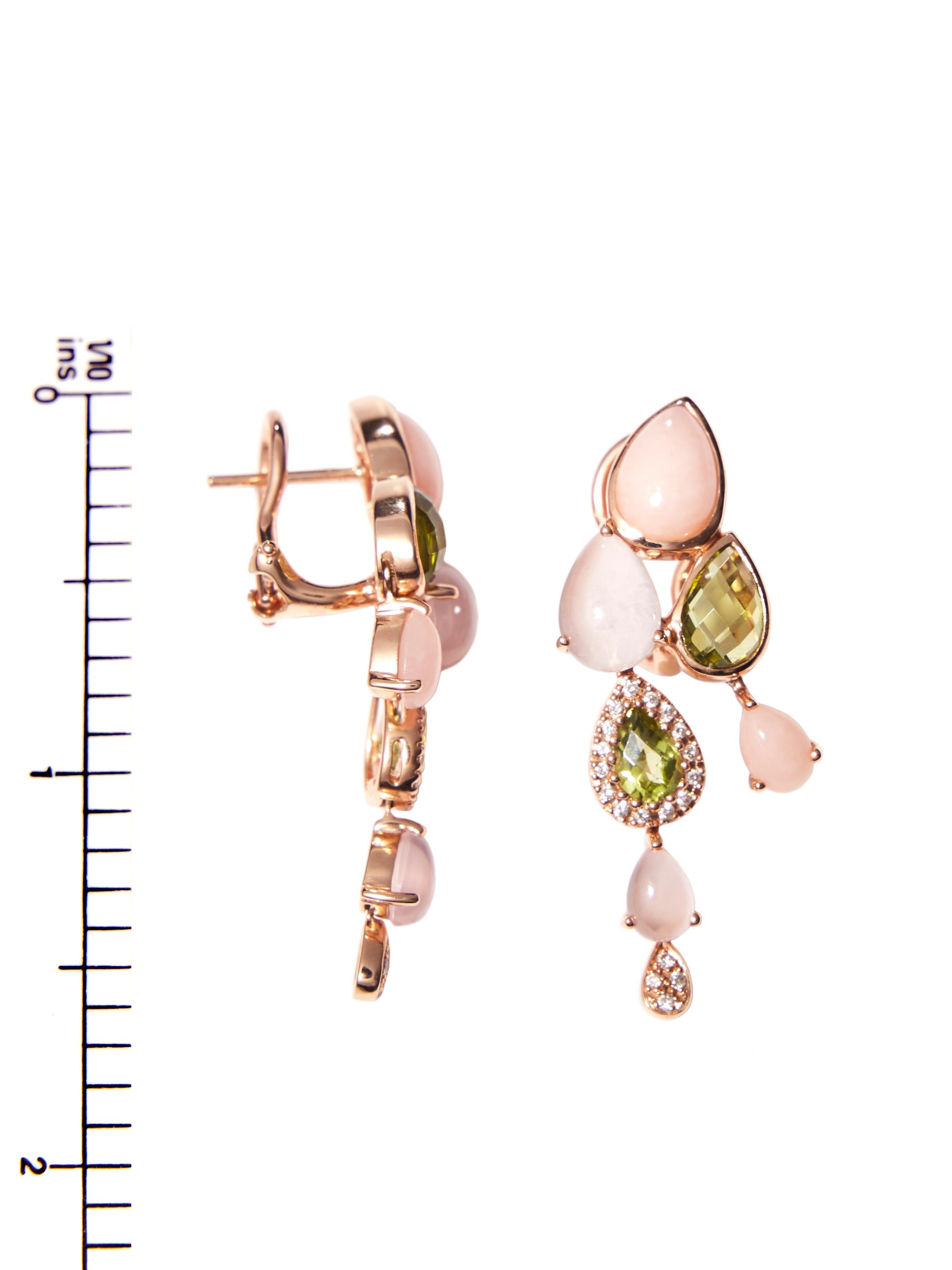 Modern Bonebakker 18 Karat Rose Gold Earrings with Peridot, Pink Opal and Diamonds