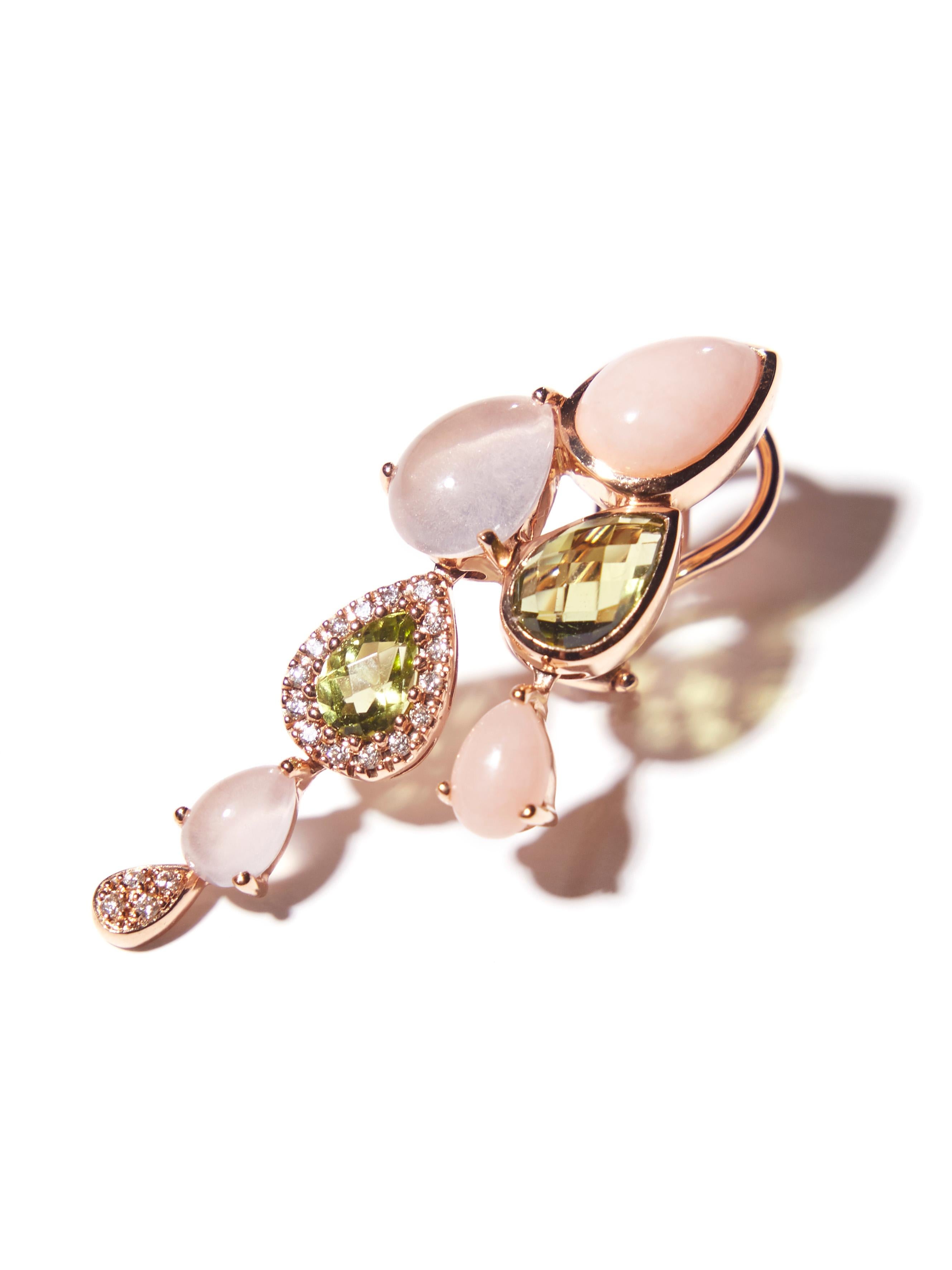 Pear Cut Bonebakker 18 Karat Rose Gold Earrings with Peridot, Pink Opal and Diamonds