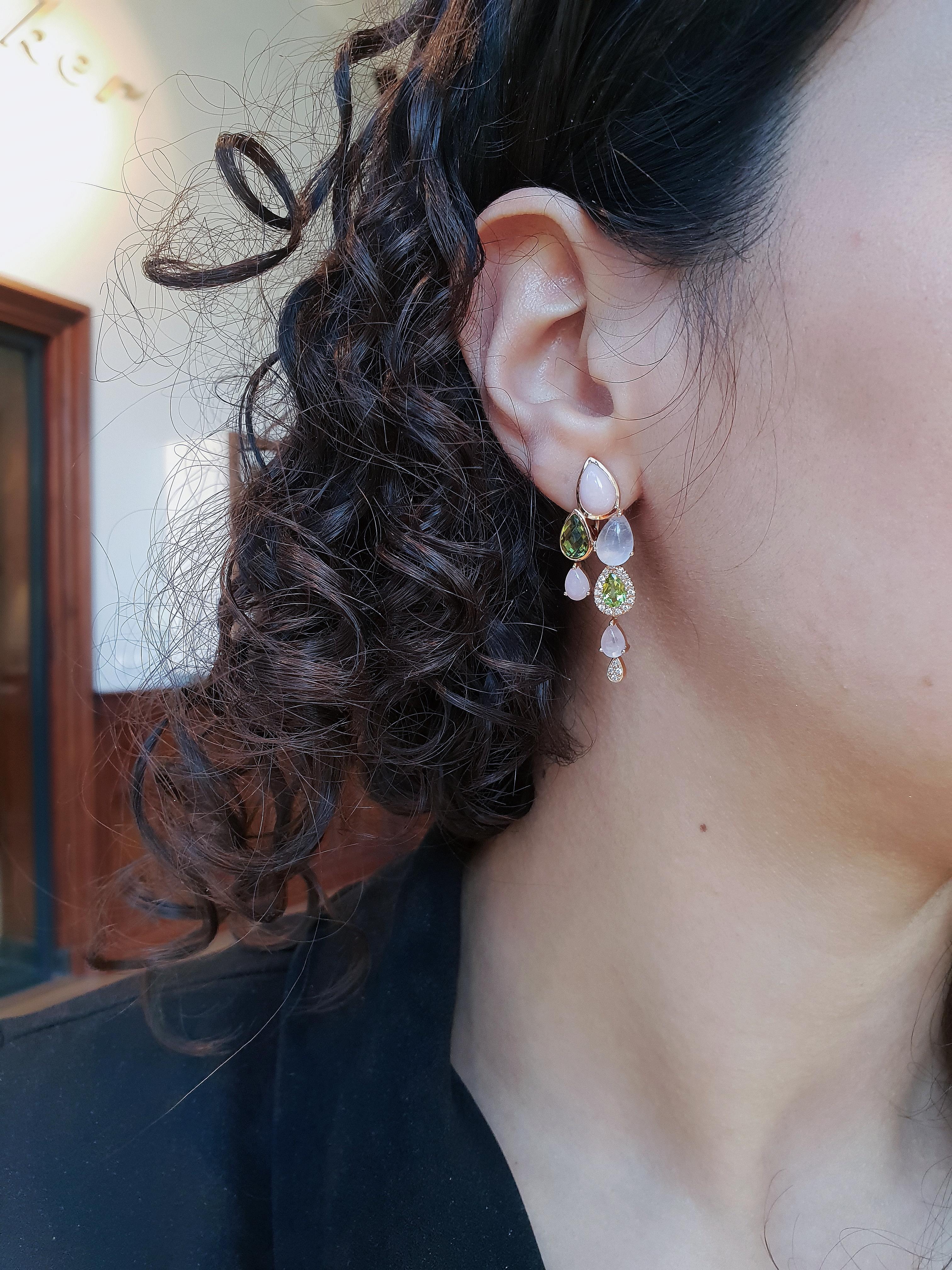 Bonebakker 18 Karat Rose Gold Earrings with Peridot, Pink Opal and Diamonds In New Condition In Amsterdam, NL
