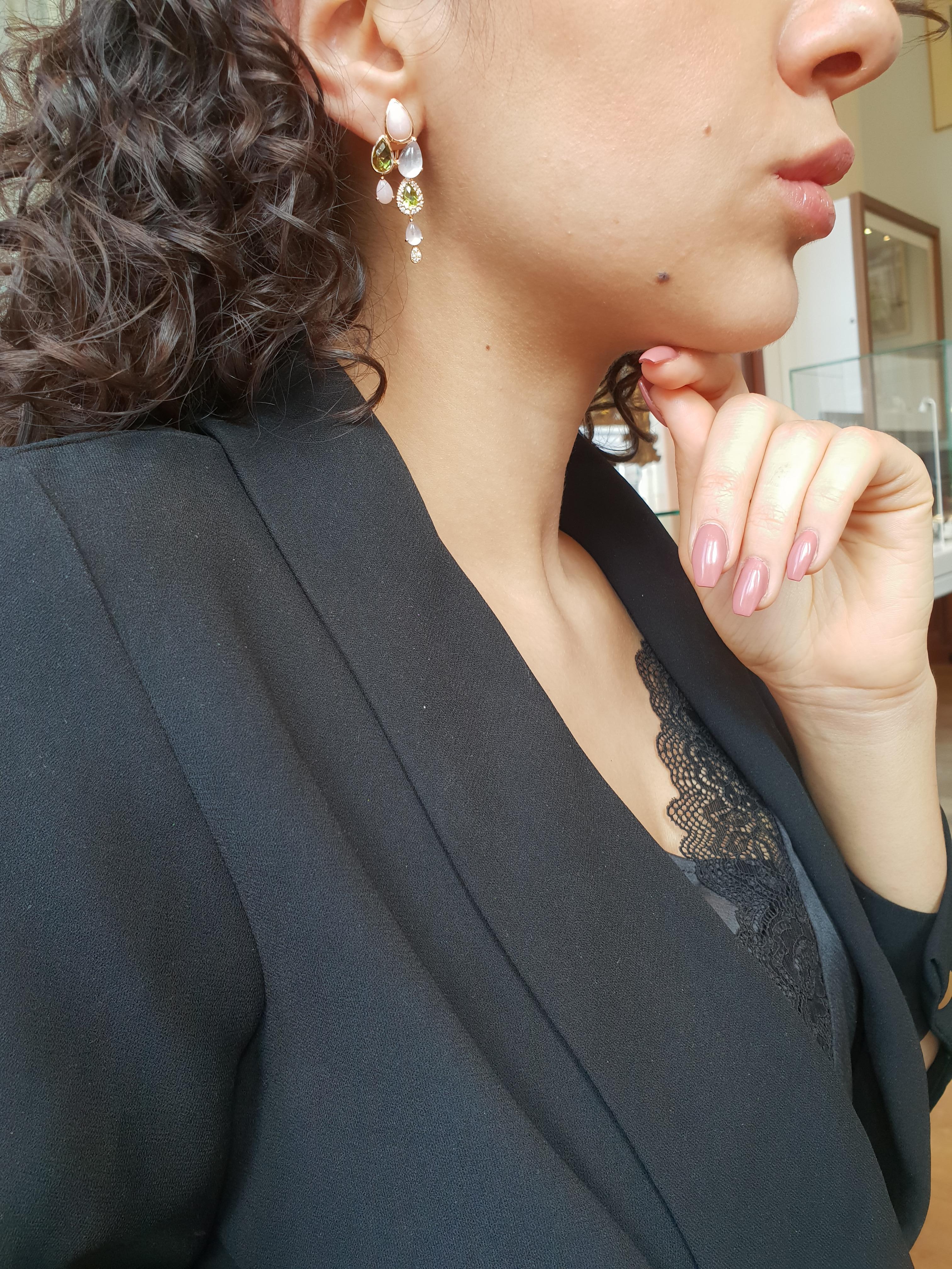 Women's Bonebakker 18 Karat Rose Gold Earrings with Peridot, Pink Opal and Diamonds