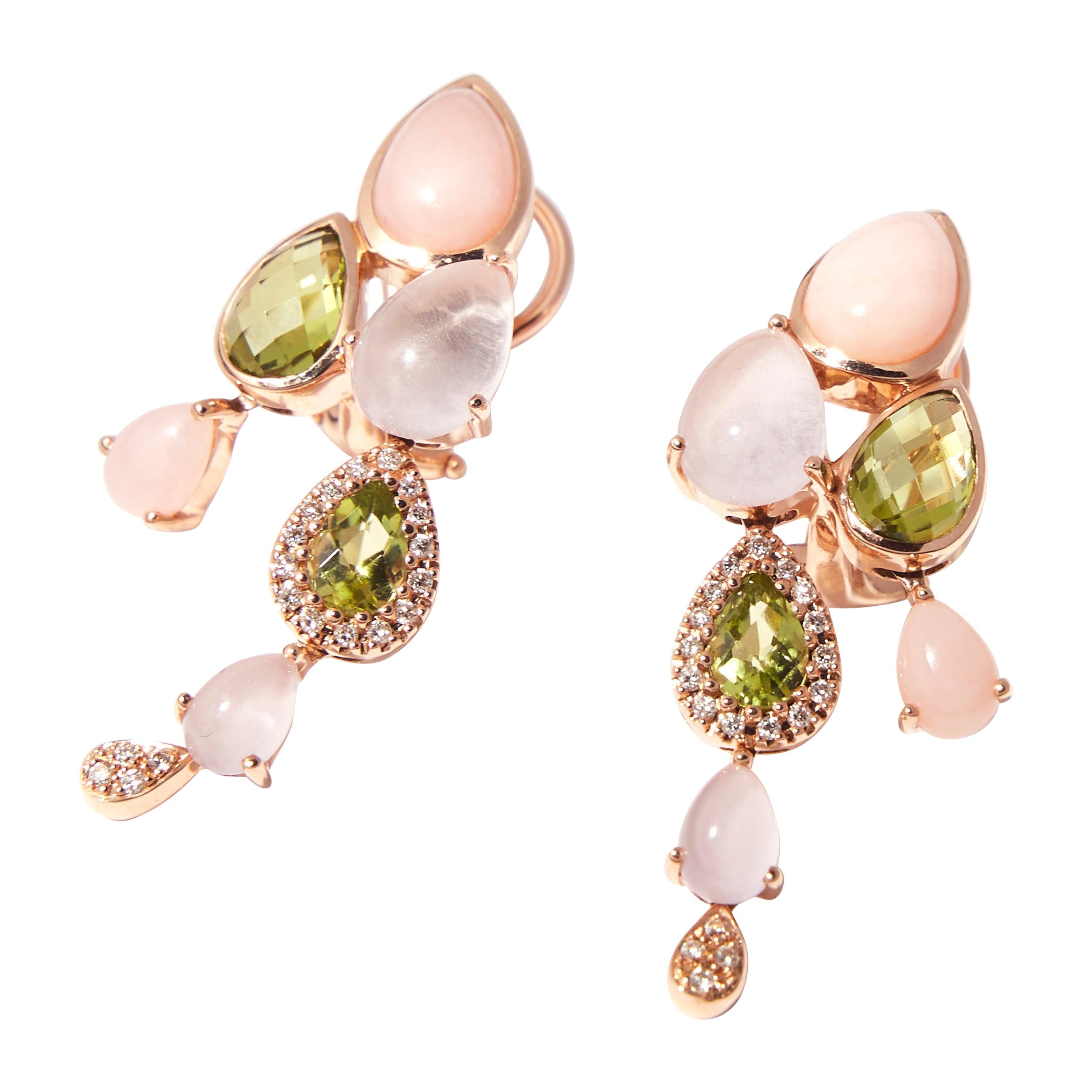 Bonebakker 18 Karat Rose Gold Earrings with Peridot, Pink Opal and Diamonds