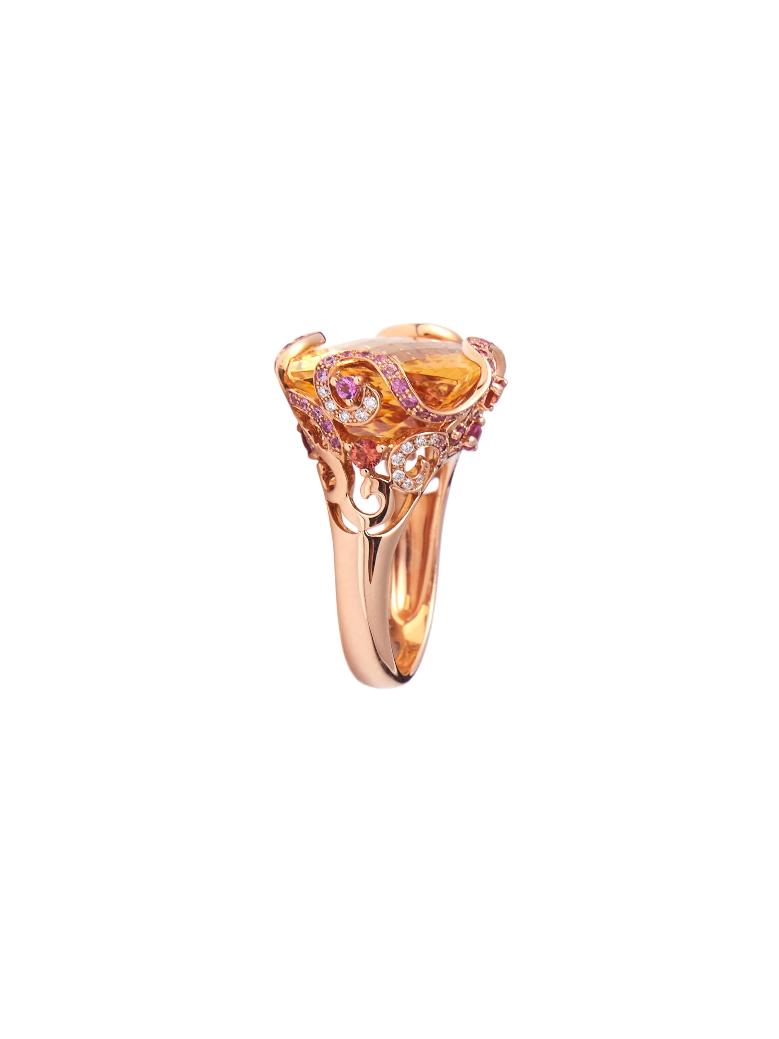 18 Karat Rose Gold Ring with Smokey Quartz Diamonds and Pink Sapphire For Sale 4