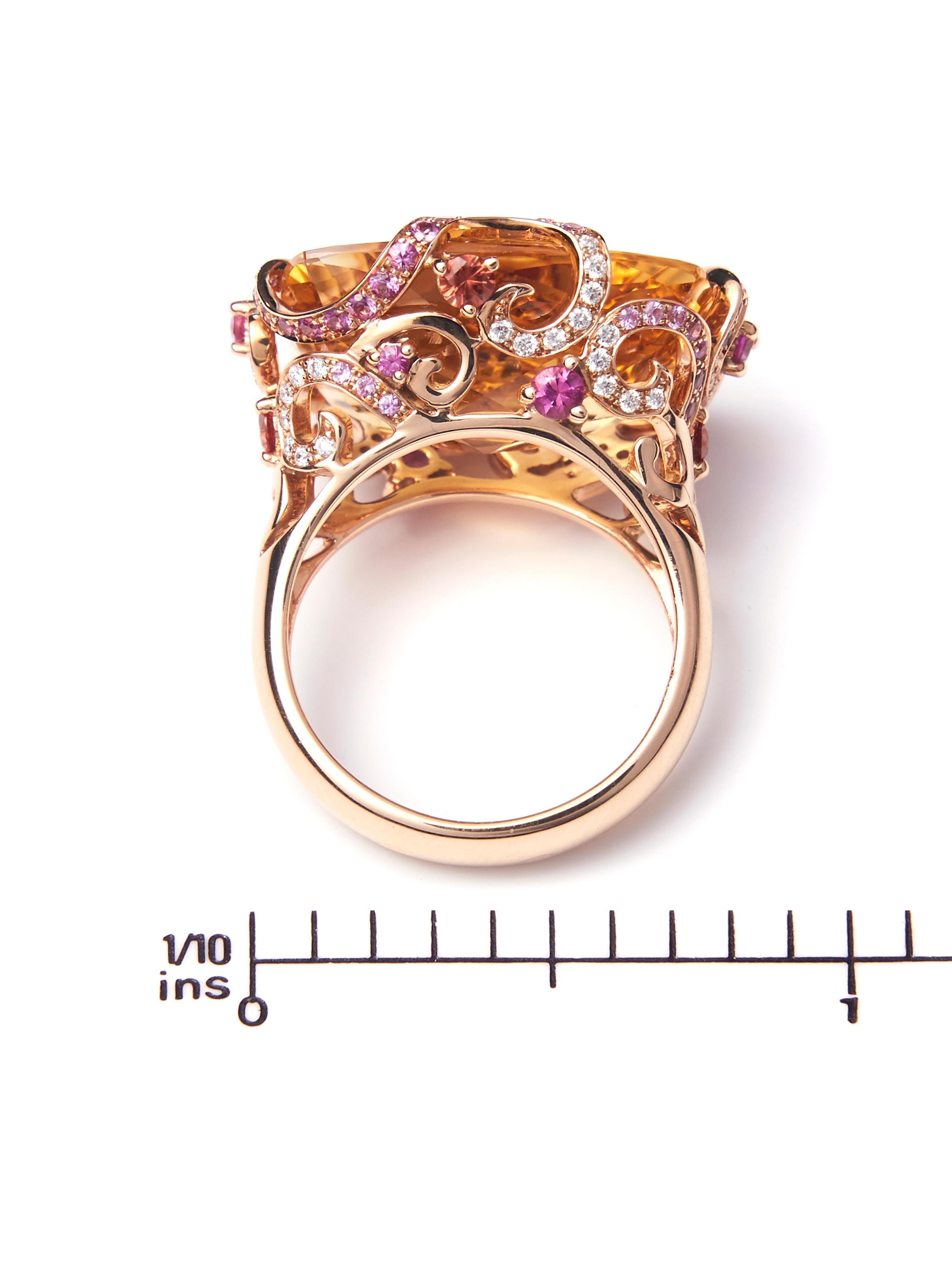 Women's 18 Karat Rose Gold Ring with Smokey Quartz Diamonds and Pink Sapphire For Sale